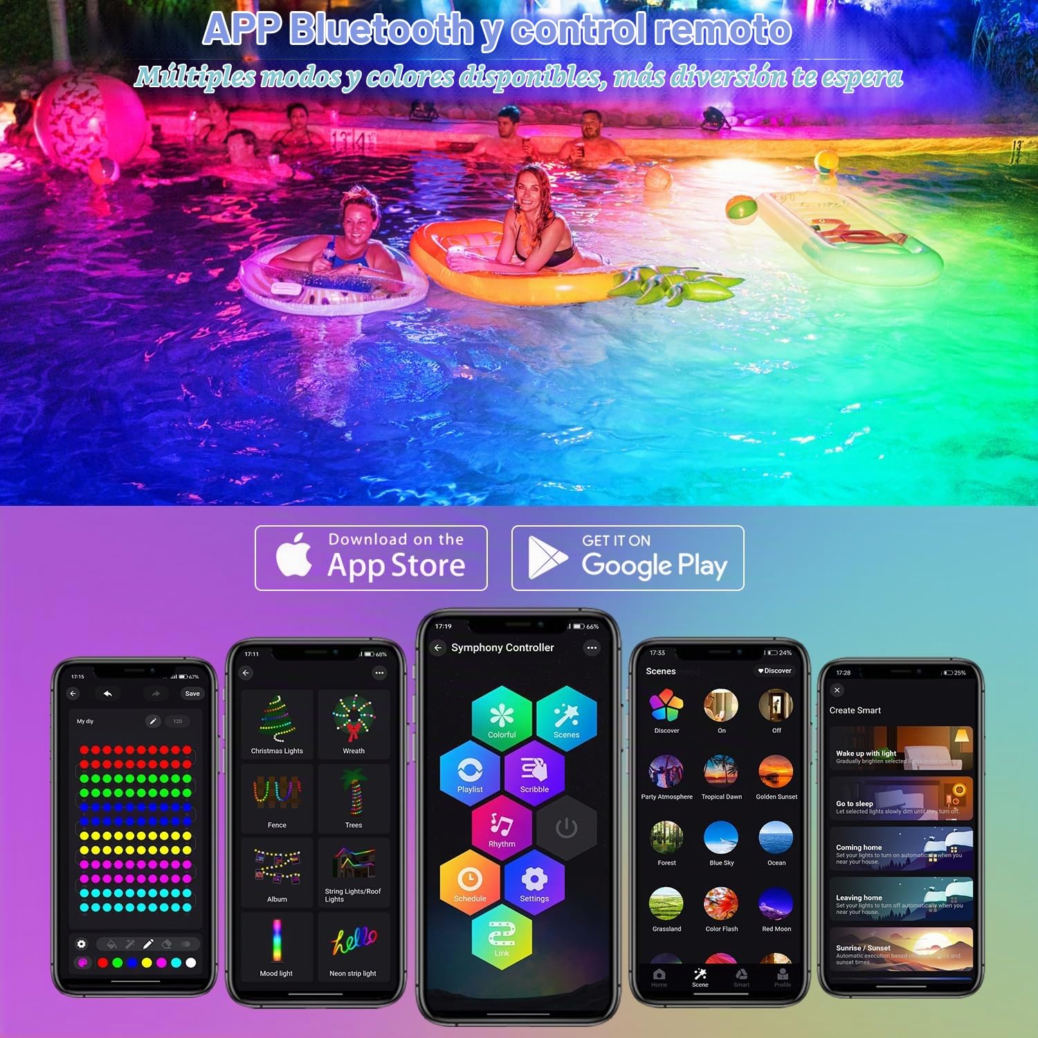 NATPOW Luces de Estanque Alimentadas por Red, focos led piscina, APP y control remoto de conexión, IP68 Impermeables, para Decoración Acuario Jardín, Patio, Piscina (6 in 1)