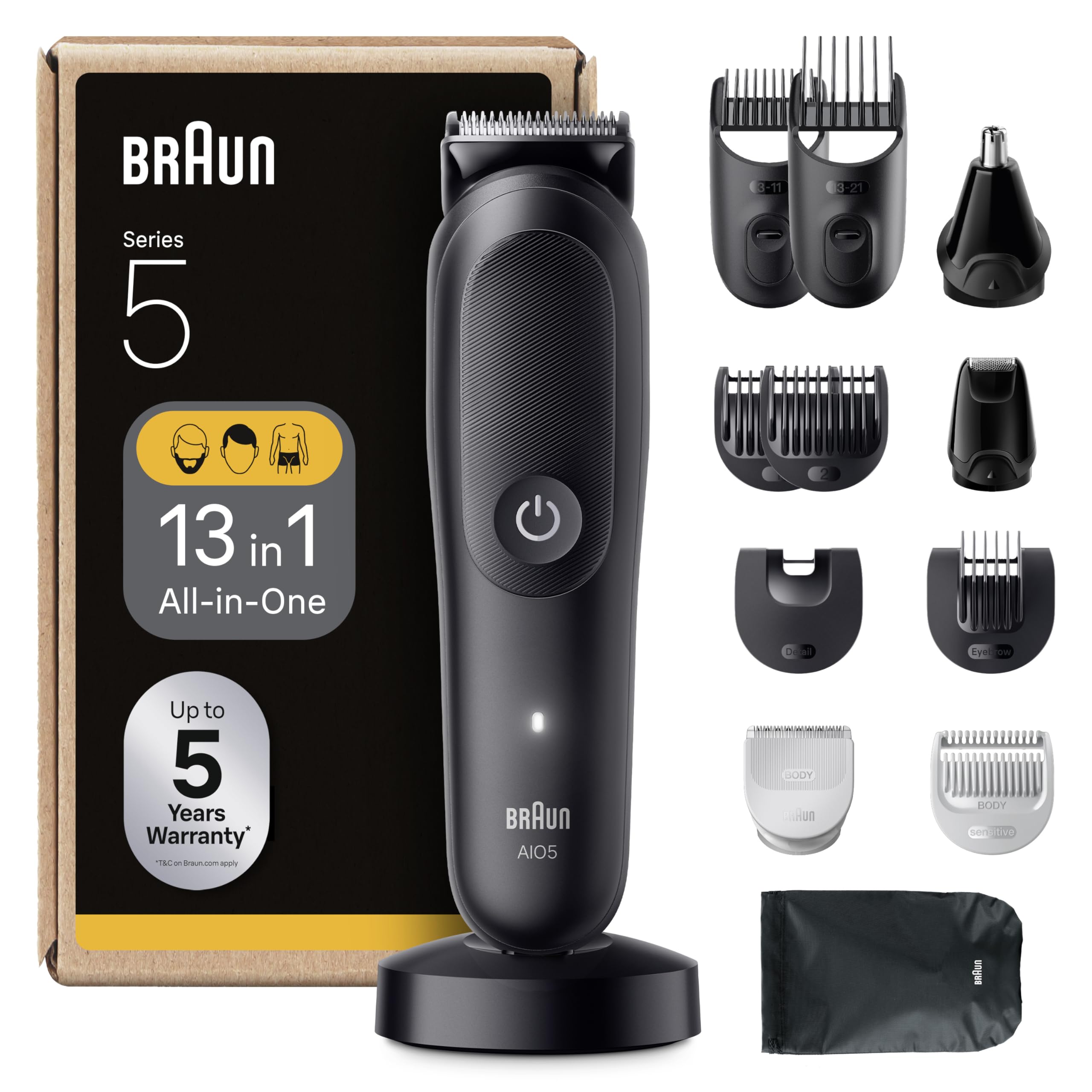 Braun All-in-One Series 5 Trimmer, Electric Shaver Beard and Hair 13 In1, Nose and Ear Hair Cutter, Hair Machine, ProBlade Blade, AutoSense Technology, Wet & Dry, AIO5565, Black