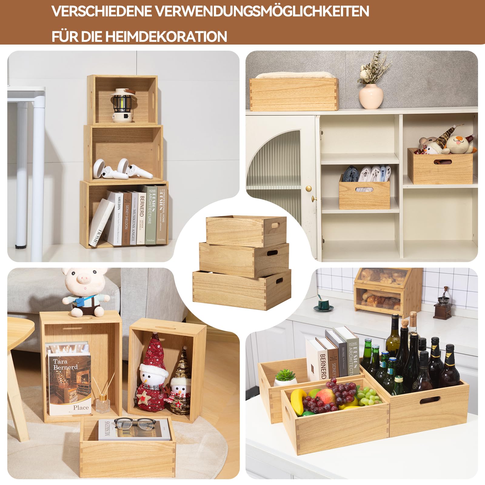 KIRIGEN Aufbewahrungsbox Holz, 3er-Holzkisten-Set mit Griffen, Natur | Ineinander verstaubar, handgefertigt, fertig montiert, Zapfenverbindungen, Pflanzenöl-Oberfläche, für trockene Innenräume