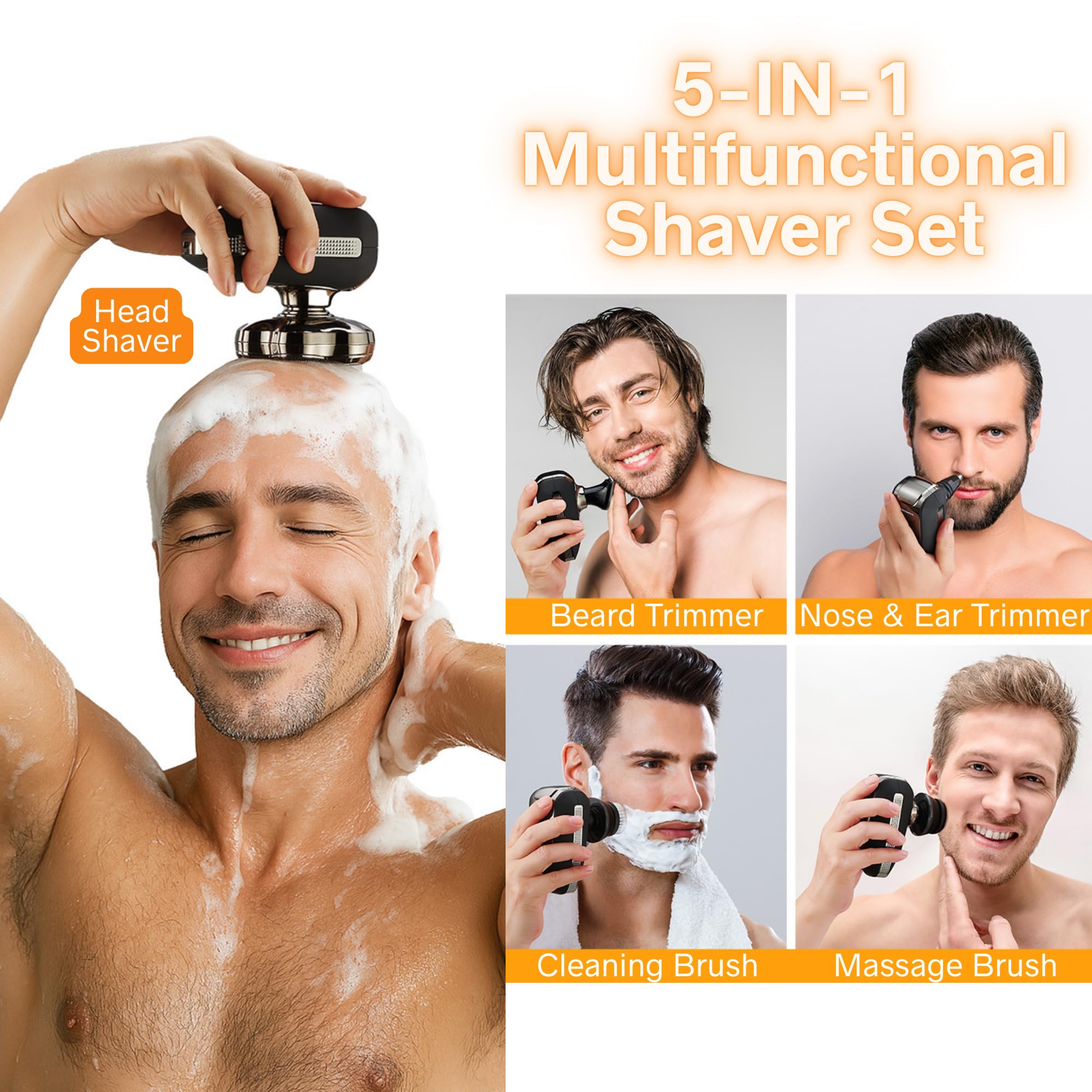 BarberBoss Rasoir à tête chauve 7D pour homme – Rasoir rotatif magnétique, toiletteur électrique 5 en 1 avec écran LED, charge USB-C, tondeuse à barbe et nez, kit de toilettage facial tout-en-un