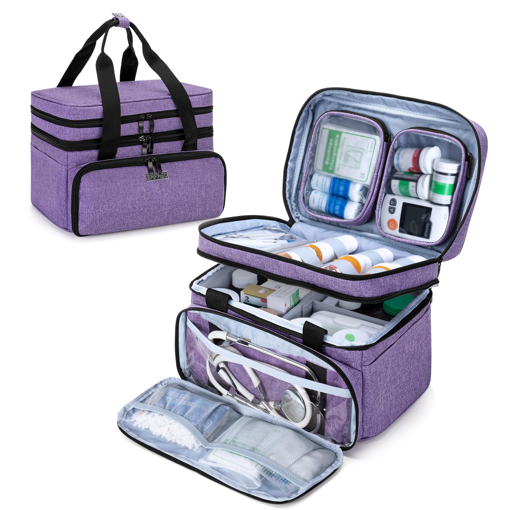 BAFASO Sac de Médecine Double Couche avec 2 Pochettes Transparentes Amovibles, Sac de rangement de Médicaments pour Les Voyages et I'usage Quotidien (Sac Seulement), Violet