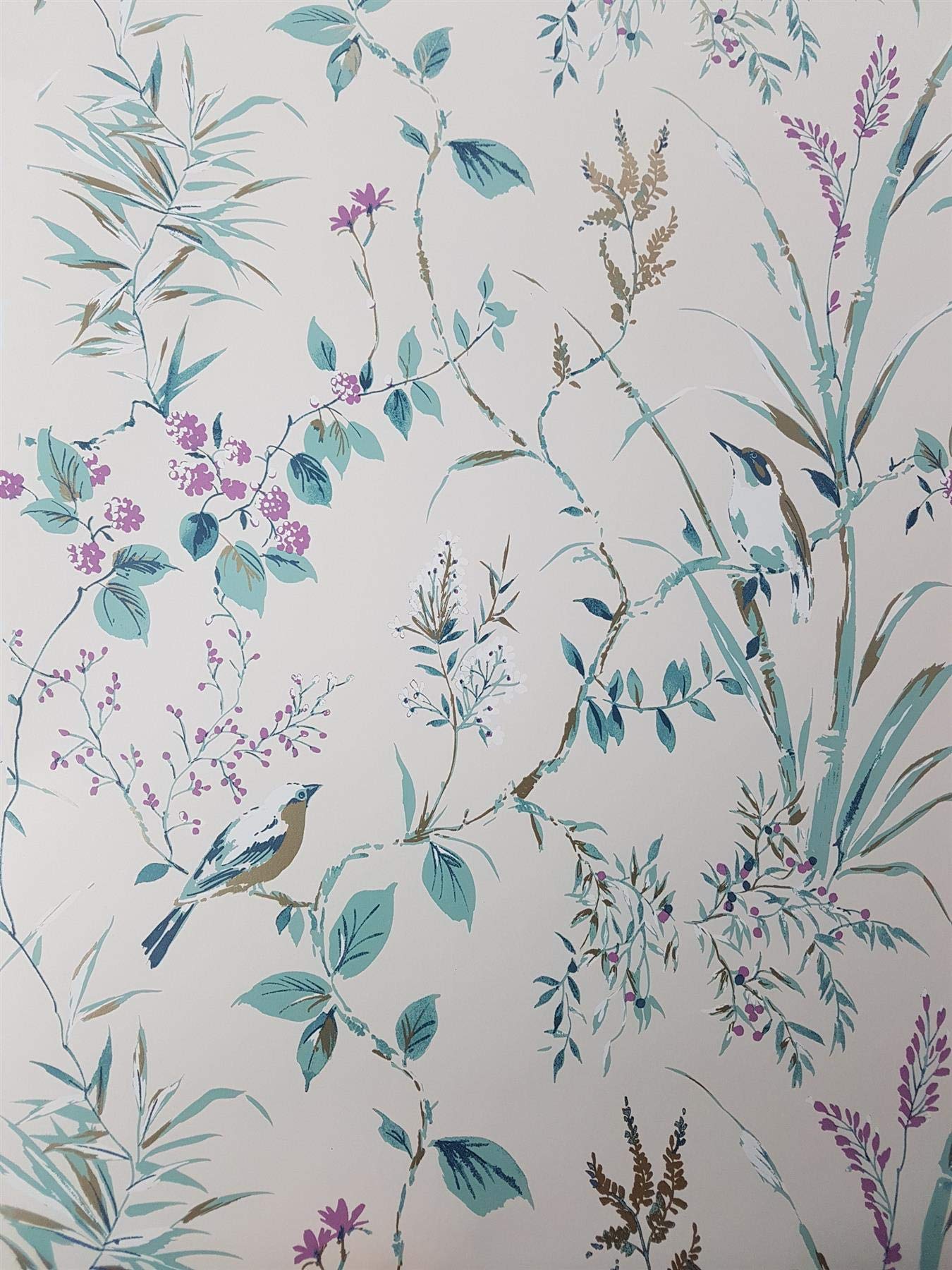 Yöl Plum,Gold,Teal Floral Birds Wallpaper Teal Plum Gold Metallic Flower Shimmer Mariko