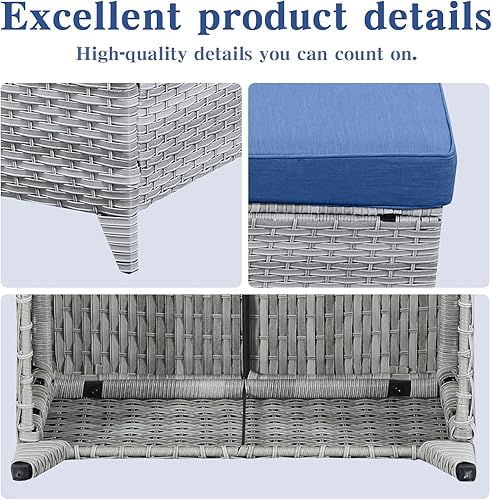 Miniatura 4 de Juego de 2 taburetes otomanos de mimbre de ratán para todo tipo de clima con cojines suaves para muebles de patio