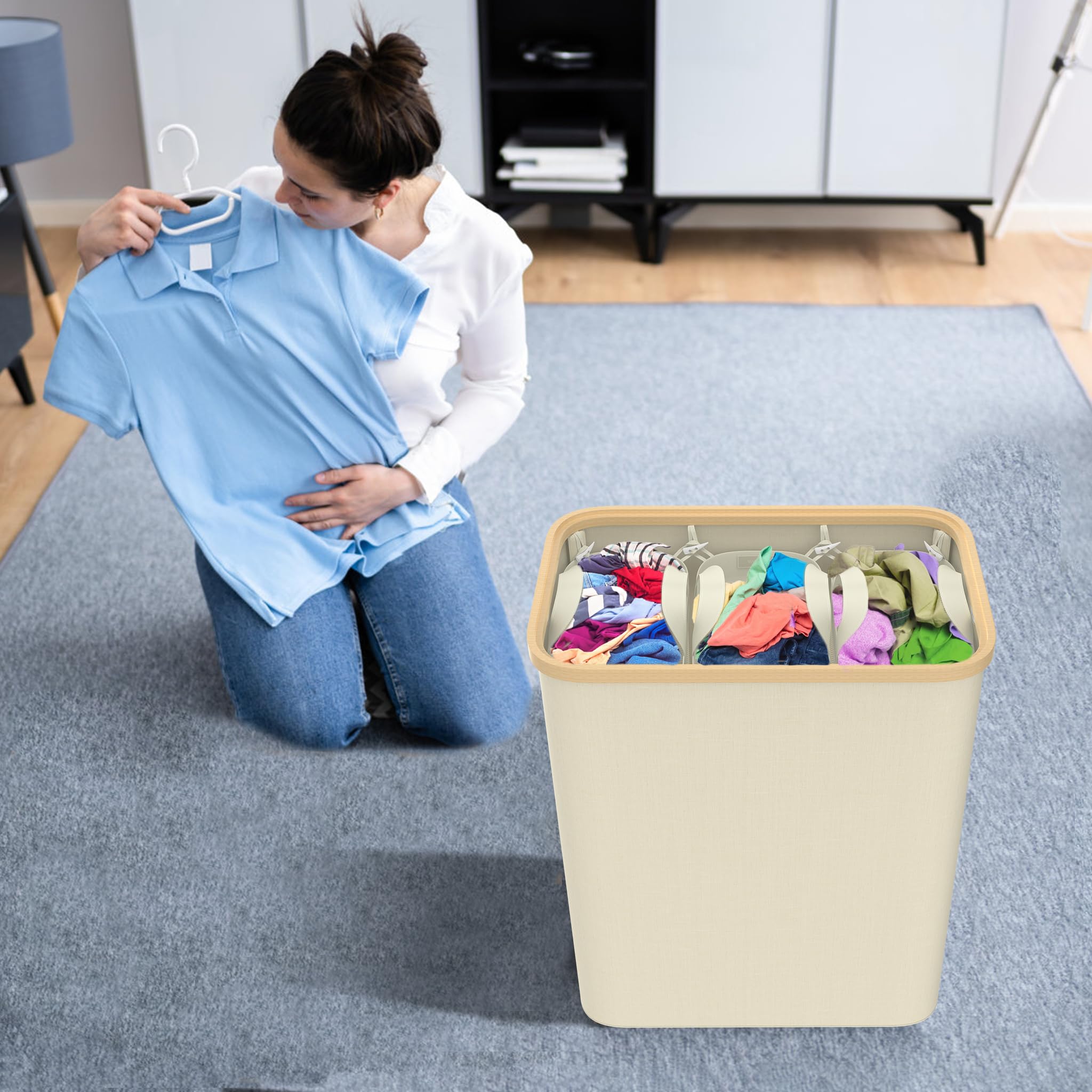 LILIIN 140L Cesto portabiancheria con coperchio, contenitore per biancheria a 3 scomparti, sacco per la biancheria stretto, cesto pieghevole per la biancheria, cesto per la biancheria con manici
