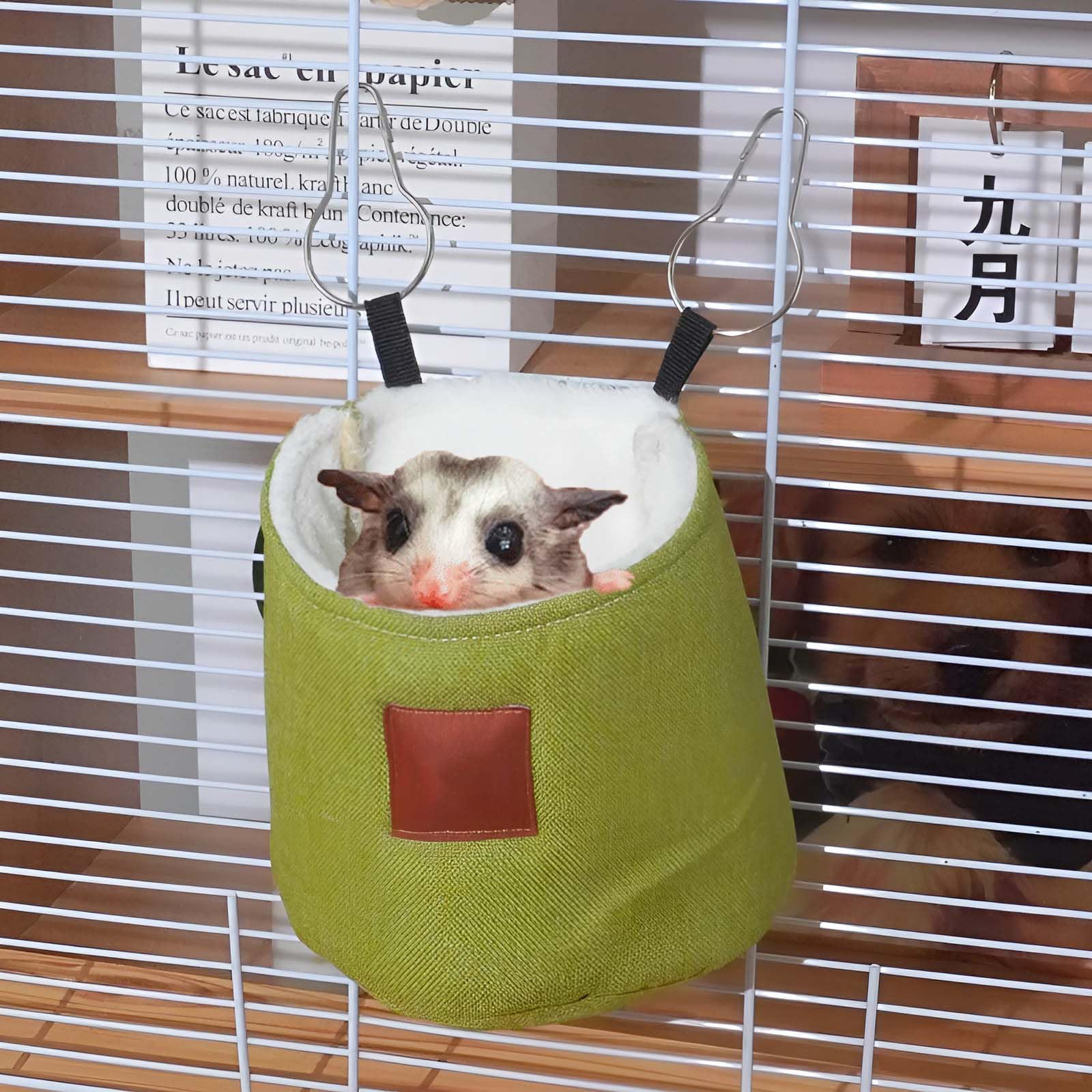 HAKONA モモンガ ポーチ おもちゃ小動物 クデグー ハンモックフクロモモンガ ケージ 吊り下げ寝袋 冬用ハムスター ハウス おしゃれ 保温バッグ インコ キャリー 持ち運び お出かけ散歩(グリーン,裏地コットン)