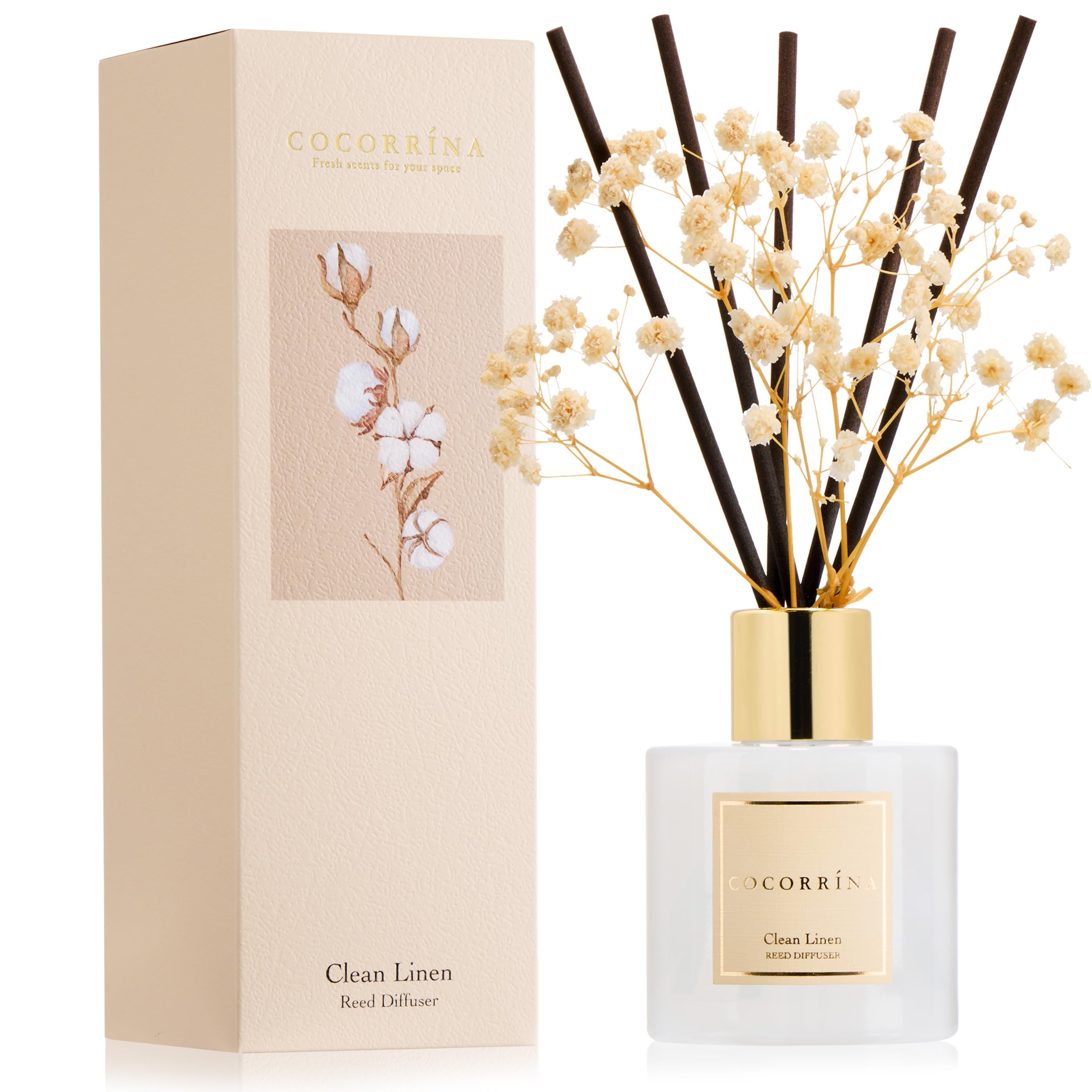 COCORRÍNA Reed Diffuser - Clean Linen 3.38 fl oz Reed Diffuser for Bedroom Bathroom Home Décor