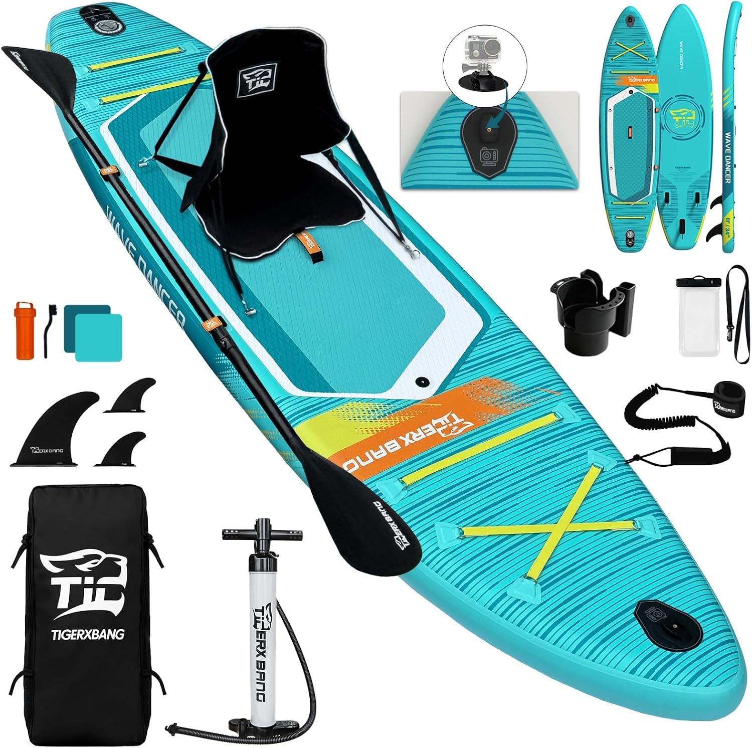 TIGERXBANG Aufblasbares Paddle Board mit Sitz, 335 x 86 x 15 cm Stand Up Paddling Board für Erwachsene/Kinder, Komplettes ISUP-Surf-Set für 2+1 Personen/Familie, Blau