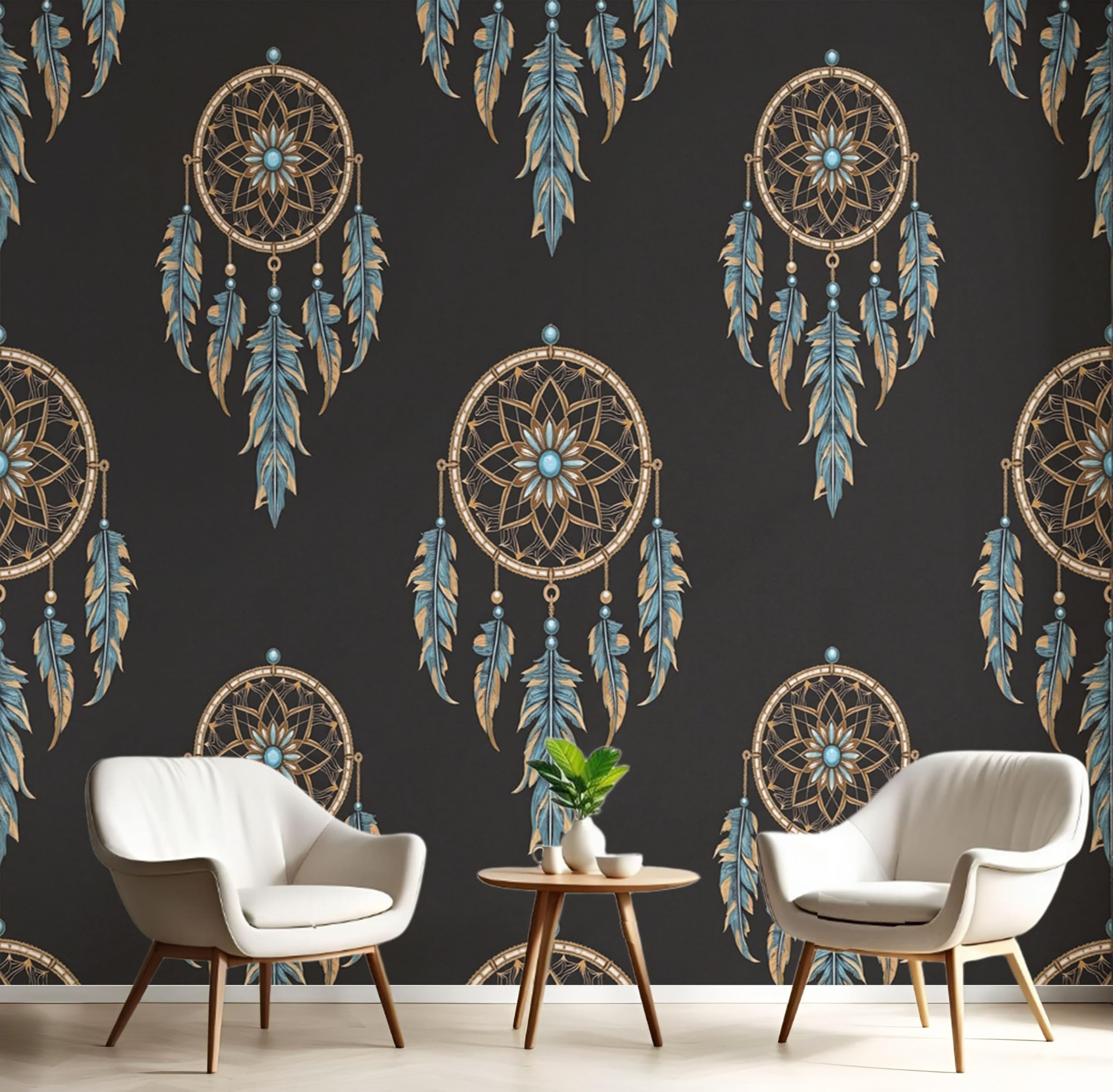 Fototapete Traumfänger Ethnische goldene Luxusfedern Wandtapete Groß Modern Wandbild für Wohnzimmer Schlafzimmer Büro Café 250x175cm(nicht selbstklebend,) Dekorative Tapeten,Non self-adhesive