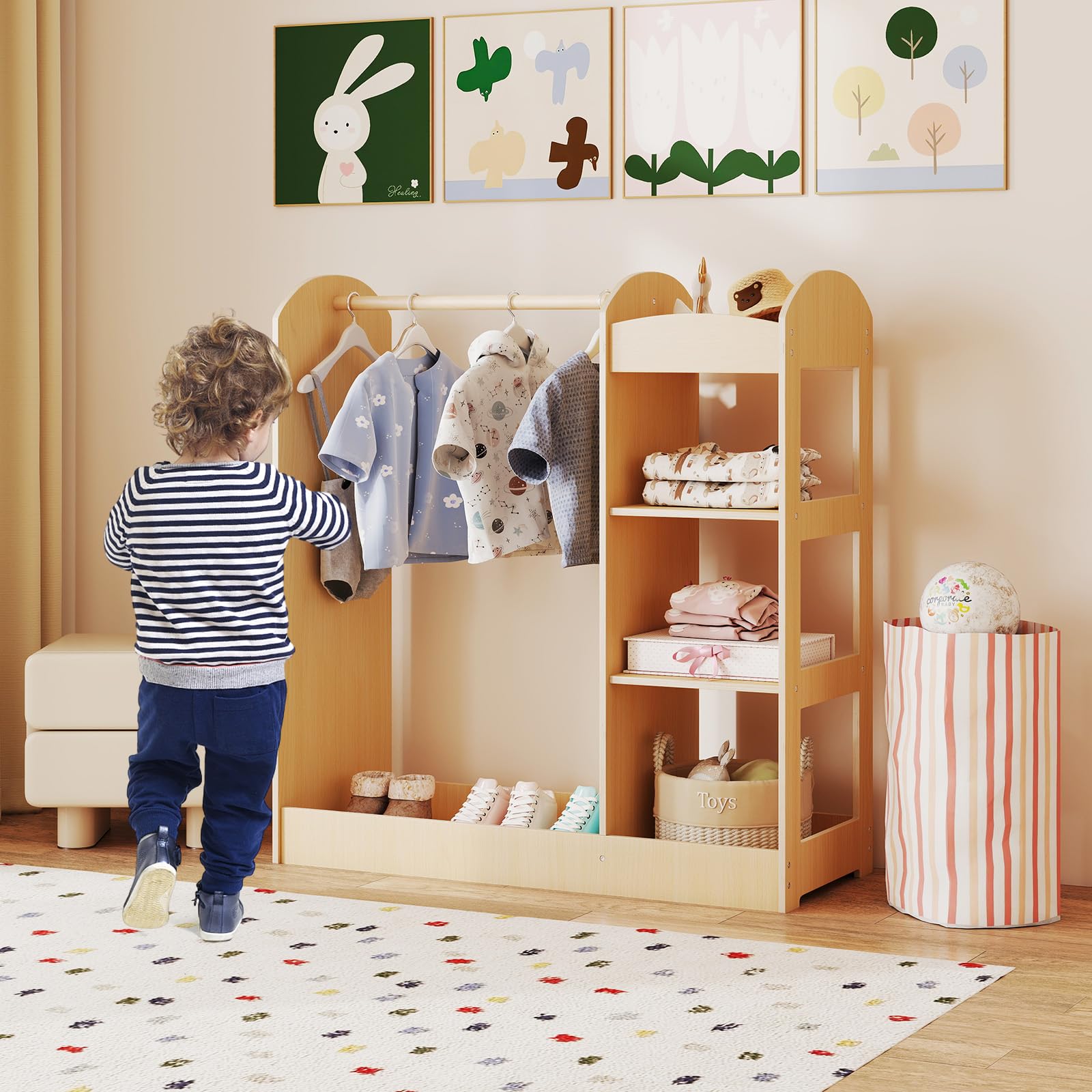 DREAMADE Portant Enfant avec Miroir et Étagère Penderie Fille 2+ Ans en Bois avec Tringle à Vêtements Garde-Robe Tout-Petits Jolie & Robuste & Stable (Naturel)