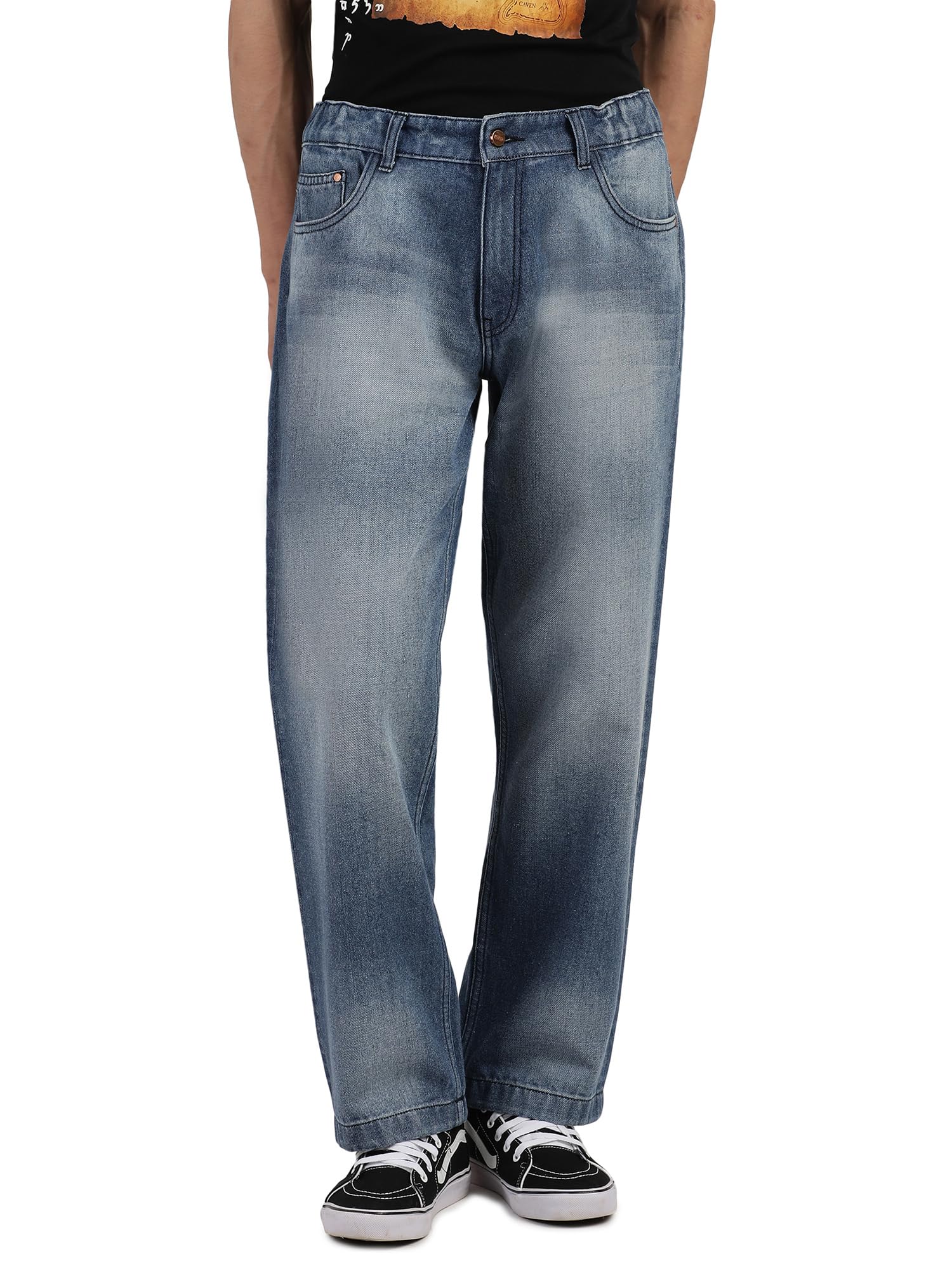 Buy NOBIY Men's Cotton Regular Fit Laser Wash Baggy Denim Pant