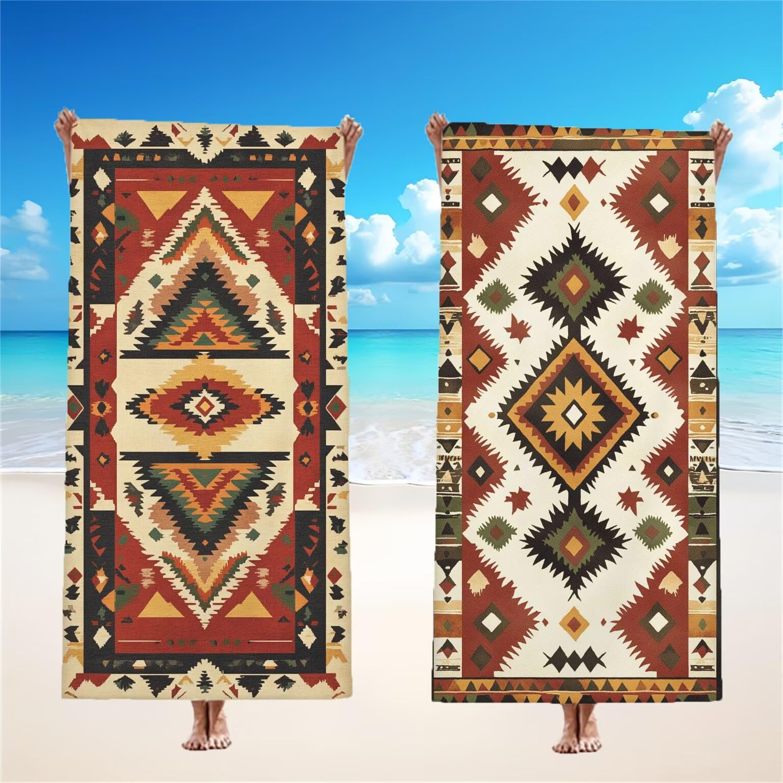 Serviette de Plage 90x180cm, Rouge Serviette Microfibre Lot de 2 Bohême Motif Ultra Absorbantes Séchage Rapide Anti Sable Légère Drap de Plage avec Bouton Pression Design pour Piscine Voyages,Model317