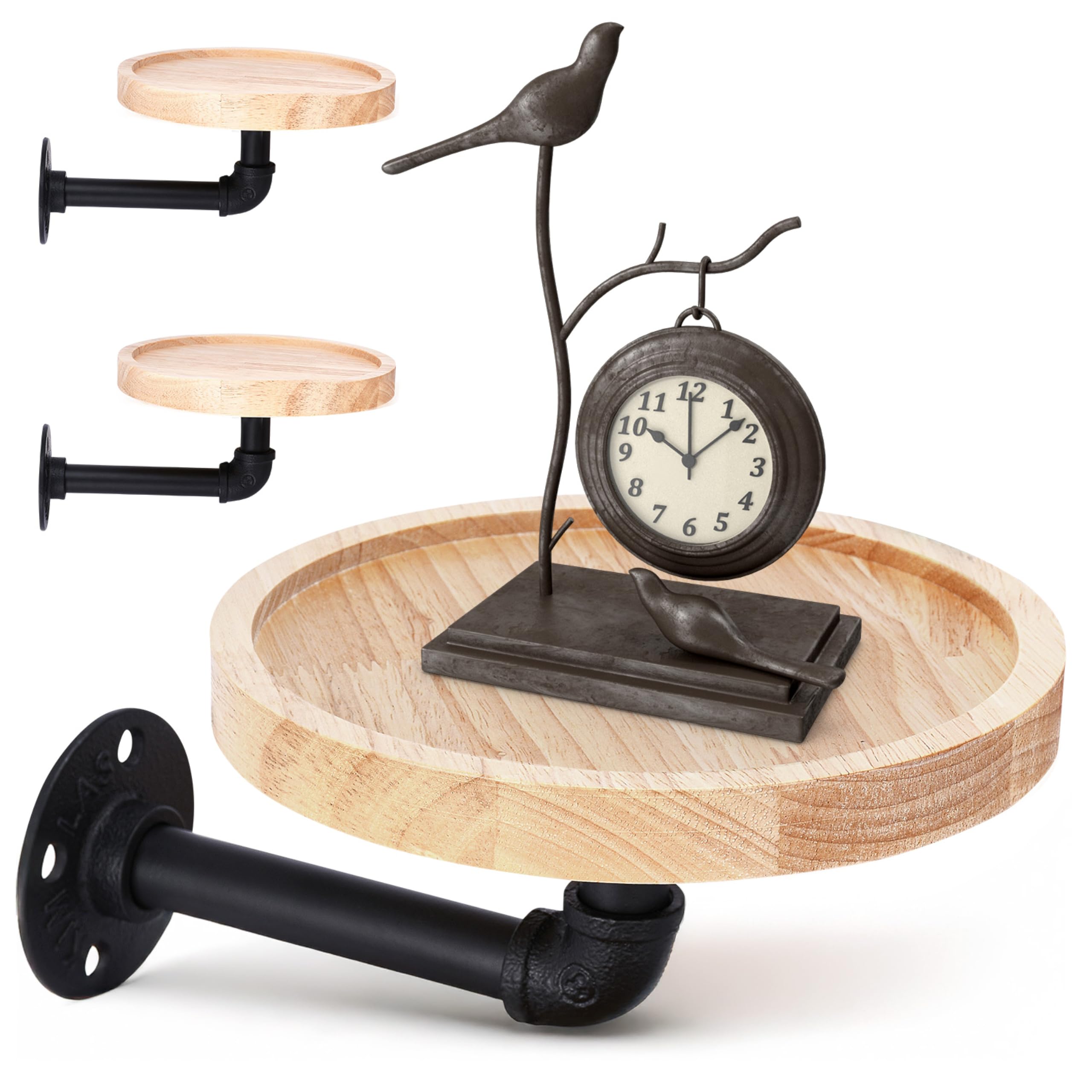 WHOLE HOUSEWARES Pipe Shelf with Round Floating Shelves - Set of 2 | Rustic Industrial Style with Metal Pipe Brackets | 7.1 x 3.3 Inches | Stylish