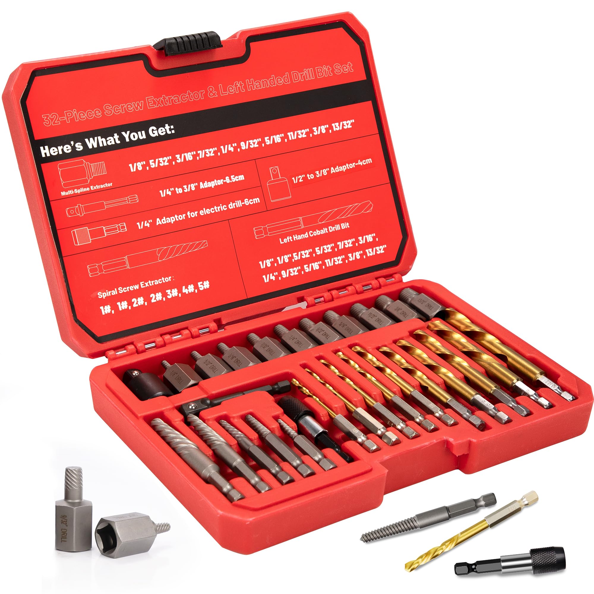 UYECOVE 32Pcs Screw Extractor Set, Left Hand Drill Bit Set 6542/4341 HSS, Easy Out Bolt Extractor Set with Hex Adapter, Multi-Spline Stripped Bolt