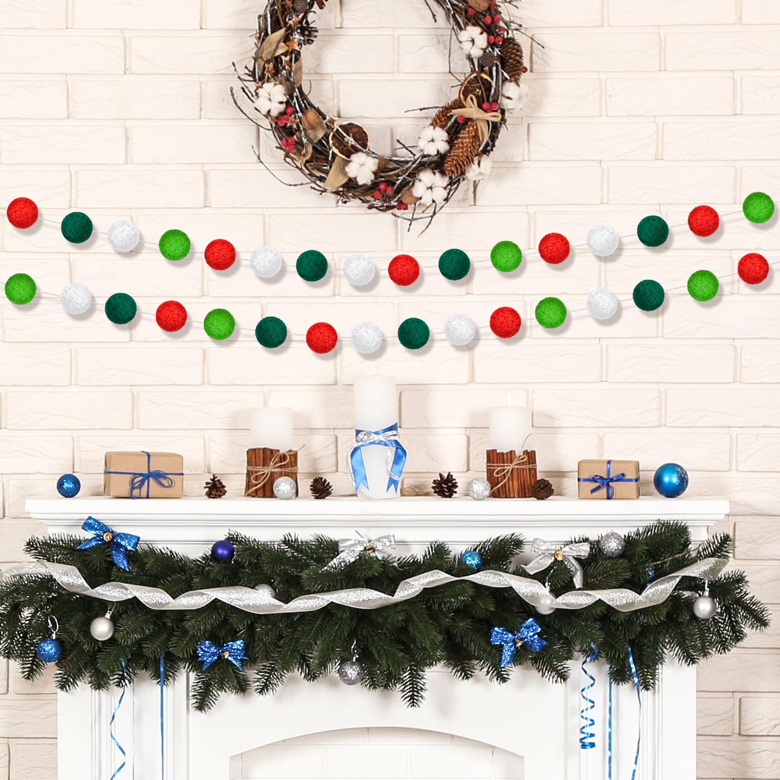 Preboun 5 Stück Weihnachten Filzball Girlande Weihnachtsbaum Pom Pom Girlande Bunte Filzkugeln Rot Weiß und Grün Pompon Perlen String Hängende Girlande Banner für Weihnachten Urlaub Wand Home Decor