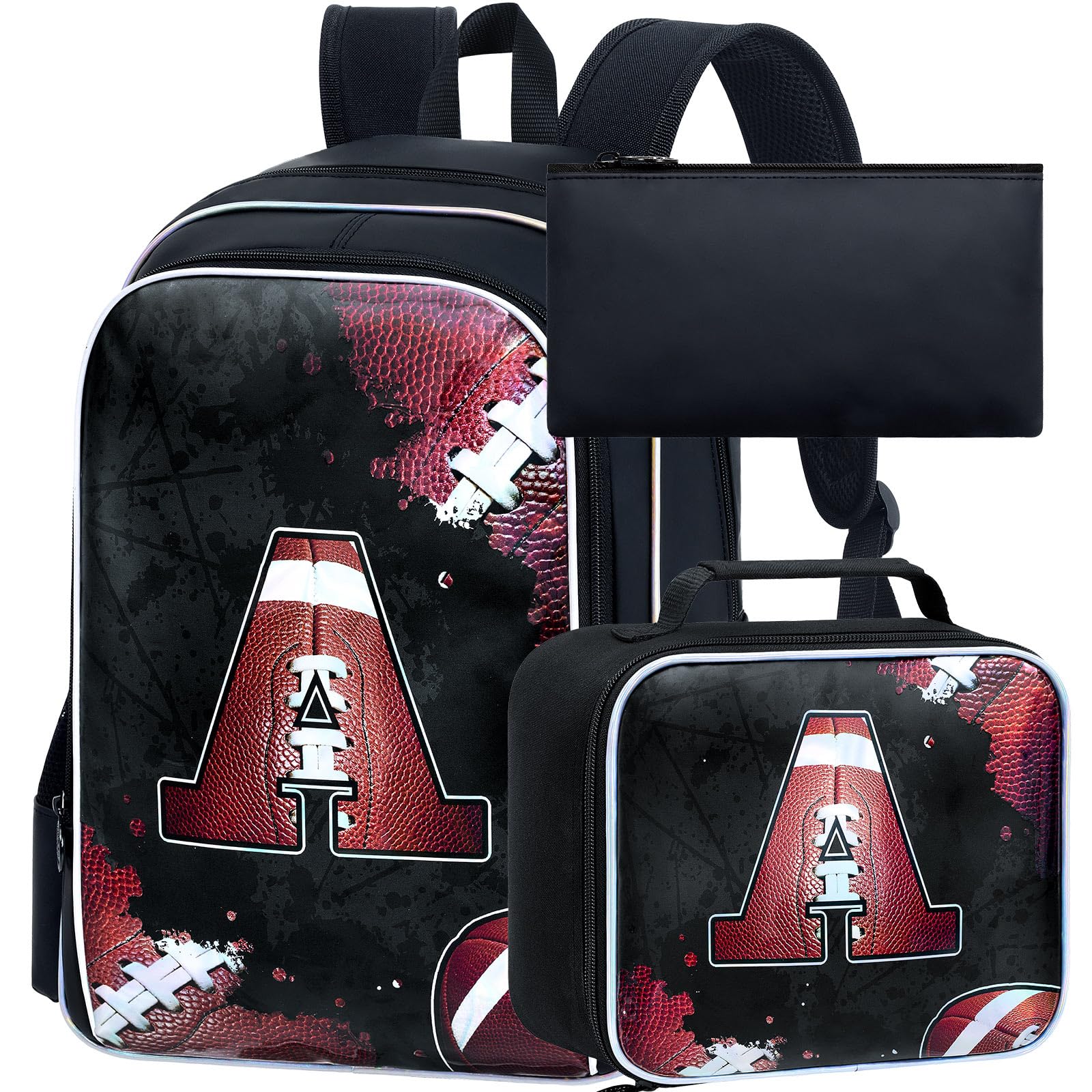 AGSDON 3PCS Rugby Backpack for Boys, 17" Kids Bookbag Water Resistant and Lightweight with Lunch Box for Teen