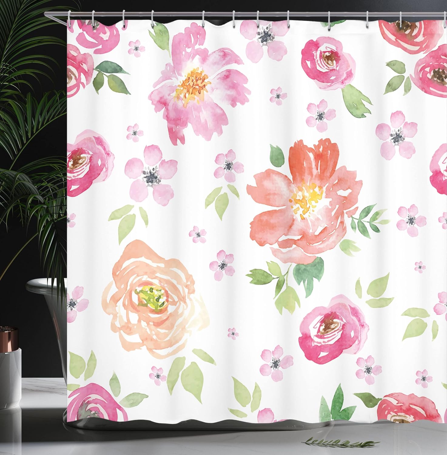 Ambesonne Floral Shower Curtain, Shabby Form Garden Flowers Roses Tulips Watercolor Abstract Art, Cloth Fabric Bathroom Decor Set with Hooks, 69" W x 75" L, Pale Pink