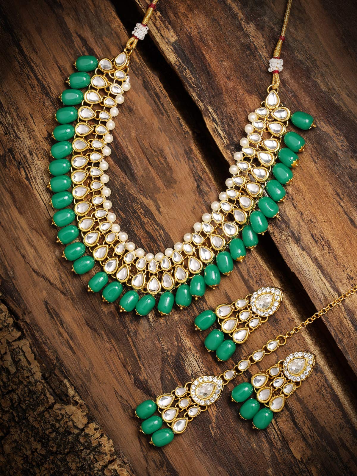 Women's Kundan & Dangling Green Beads Necklace Set