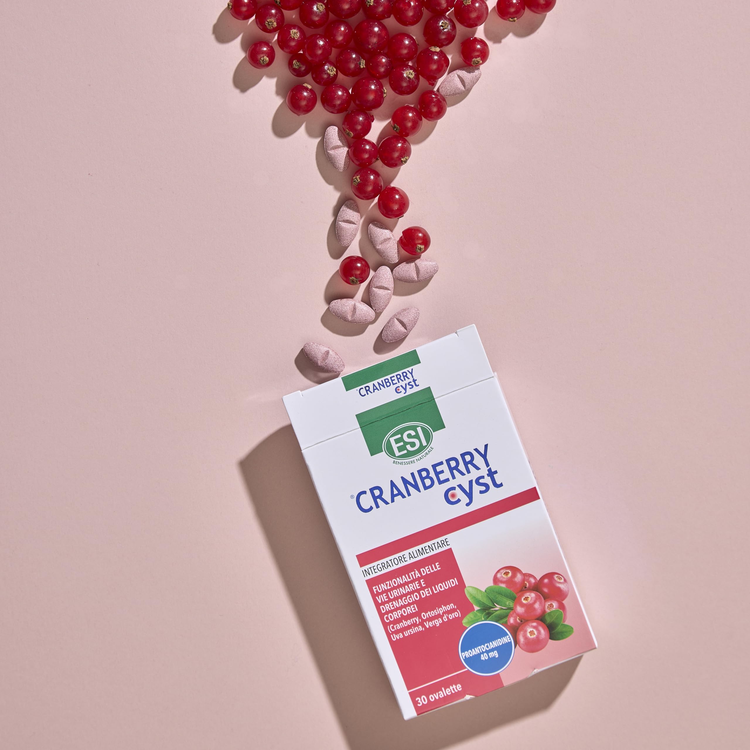 ESI - Cranberry Cyst, Integratore Alimentare con Uva Ursina, Utile per la Funzionalità delle Vie Urinarie e il Drenaggio dei Liquidi Corporei, Senza Glutine e Vegano, 30 Ovalette