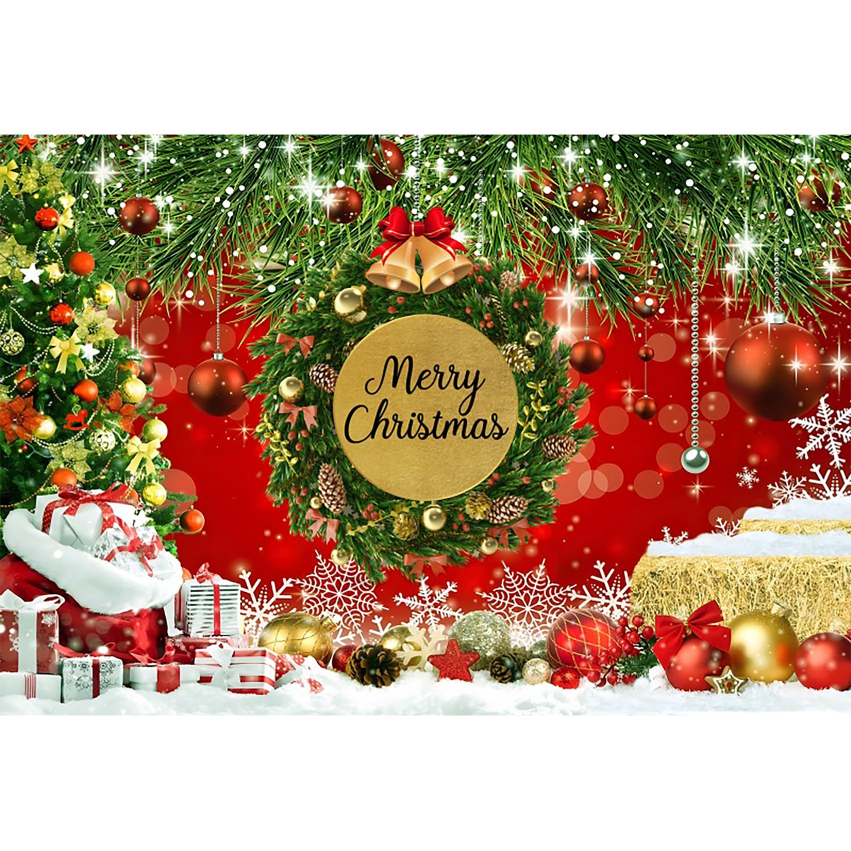 Yongfoto 8x6ft Merry Christmas Backdrop Sparkling Light Red Christmas Photography Background Pine Branch Christmas Tree Decoration Banner for