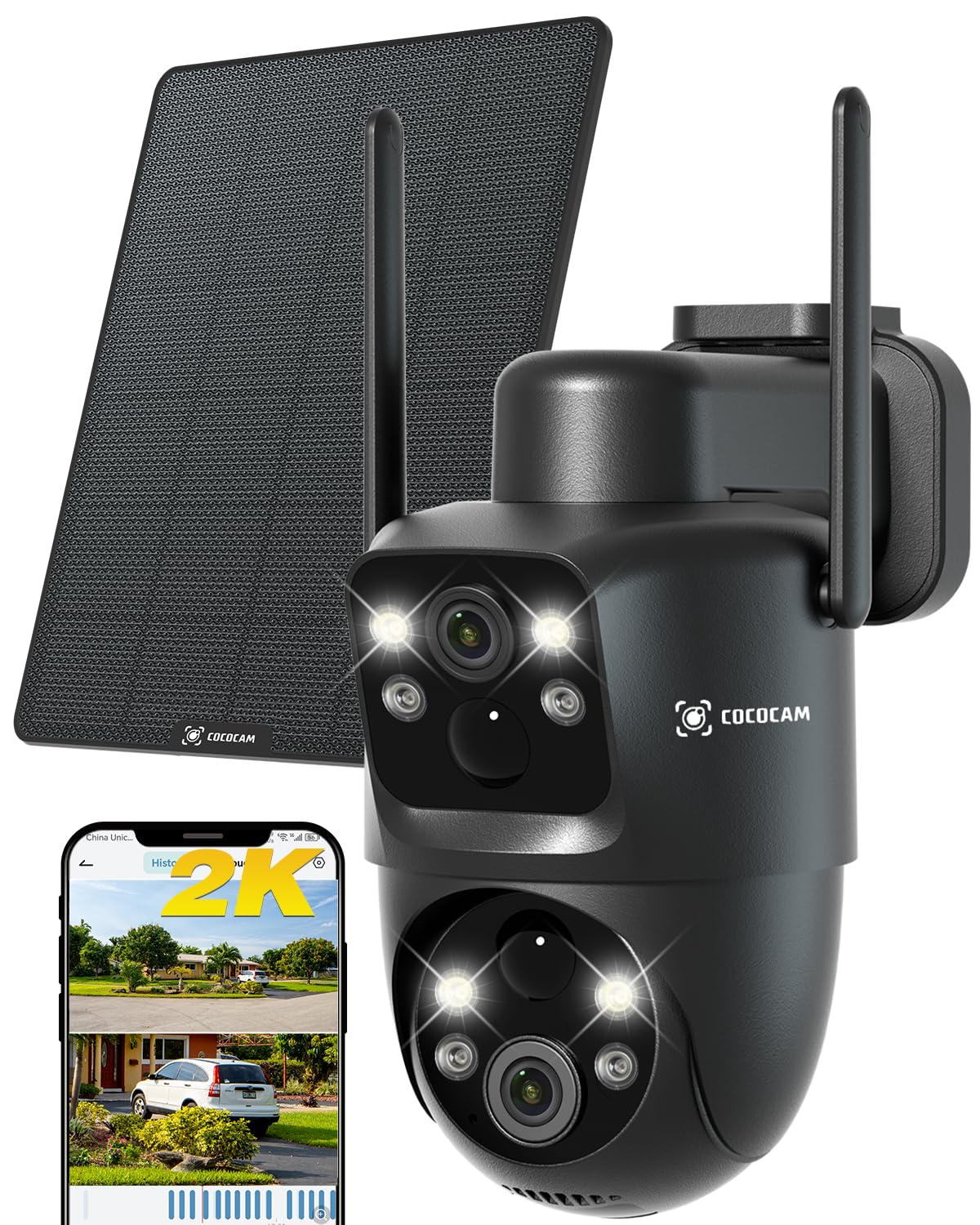 COCOCAM 2K Doble Lente Camara Vigilancia WiFi Exterior Solar, Batería 10000mAh, Panel Solar 6W, PIR Dual y Detección Humana AI, Visión Nocturna Color, 355°P 90°T, IP66, WiFi 2.4G Carbonfree Certified