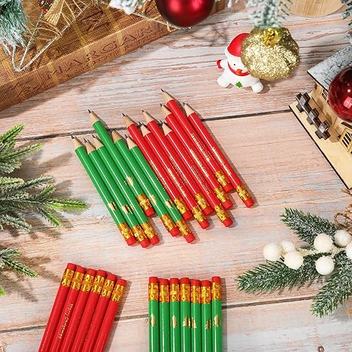 Miniatura 3 de Whaline 50 lápices de Navidad con borradores, 2 estilos, lápices de escritura cortos, medios lápices de Navidad rojos y verdes, árbol de Navidad y