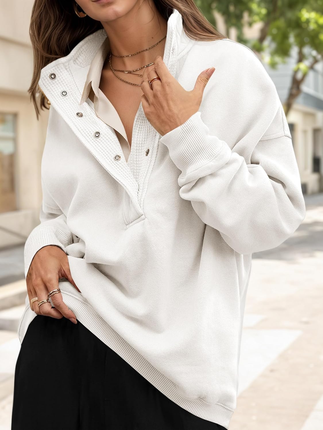 Fisoew Womens Oversized Sweatshirt Casual Snap Stand Collar Long Sleeve Pullover Tops Fall Travel Outfits - Image 2