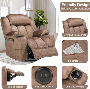 Swivel Rocker Recliner Chair with Heat and Massage, Manual Glider Rocking Reclining Chair, 360 Swivel Overstuffed Lounge Chair with 2 Cup Holders, Side Pockets & USB Ports, Fabric Brown