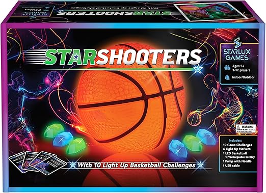 Light Up Basketball Set: Starshooters – Rechargeable, w/10 Game Options + Marker Lights | Ages 8+ | Indoor & Outdoors Games |Glow in The Dark | Sports & Basketball Gifts for Boys 8-12+ | by Starlux