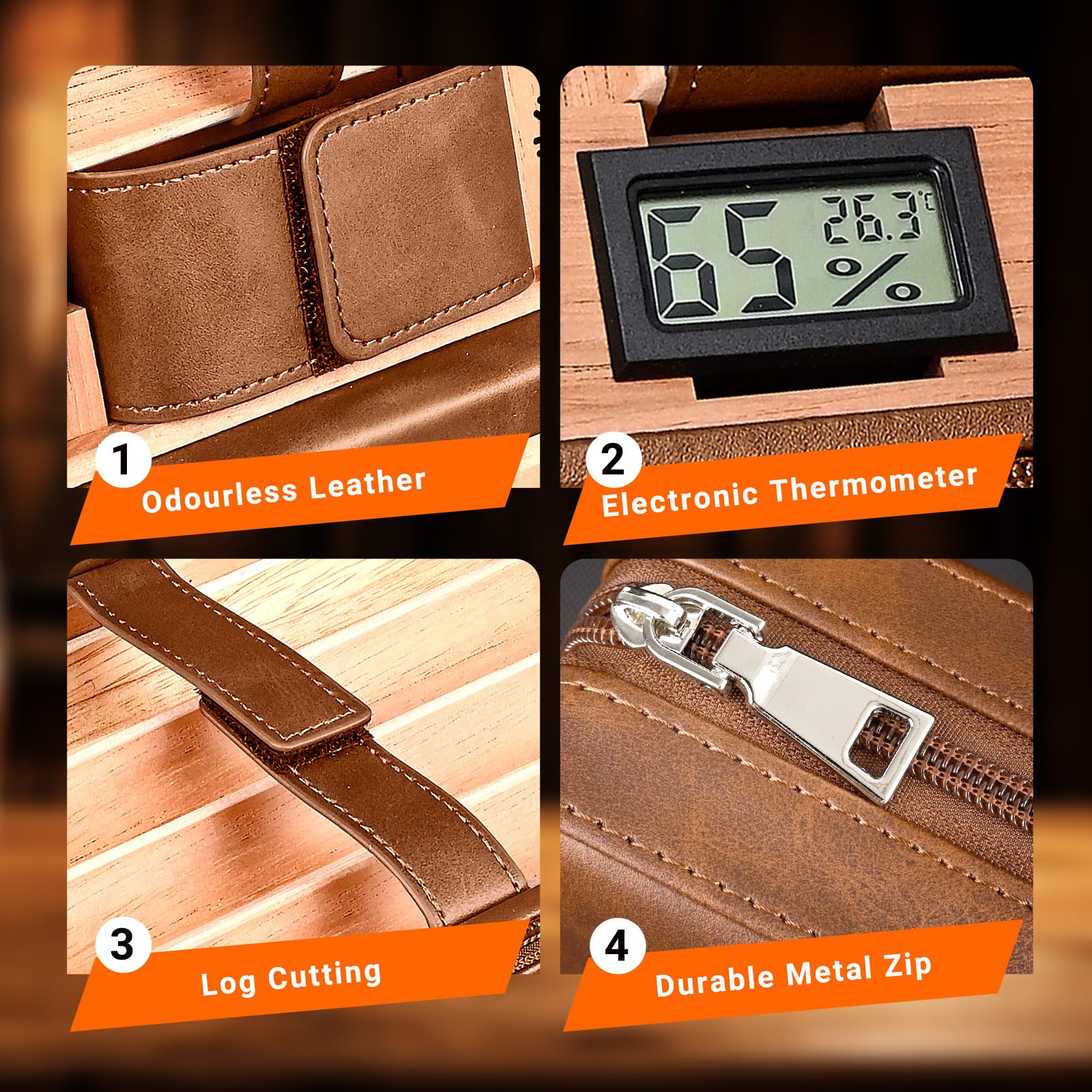 Leather Humidor Zigarren für 6 Zigarren mit elektronischem Hygrometer und Befeuchter (Braun)