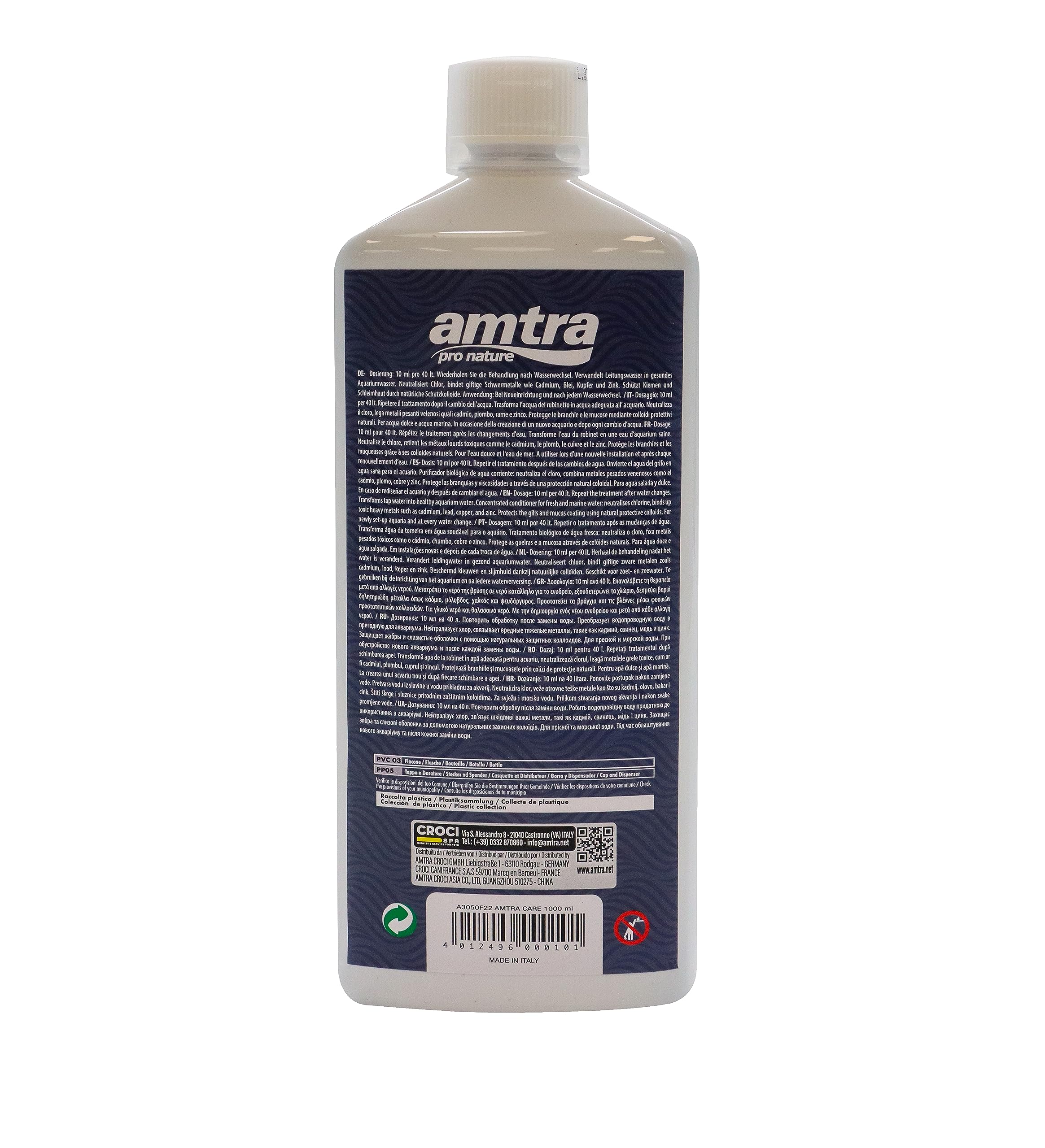 Amtra Care - Biocondizionatore acquario dolce, rende subito sicura l'acqua di rubinetto per i pesci, elimina cloro e metalli pesanti, 1000 ml