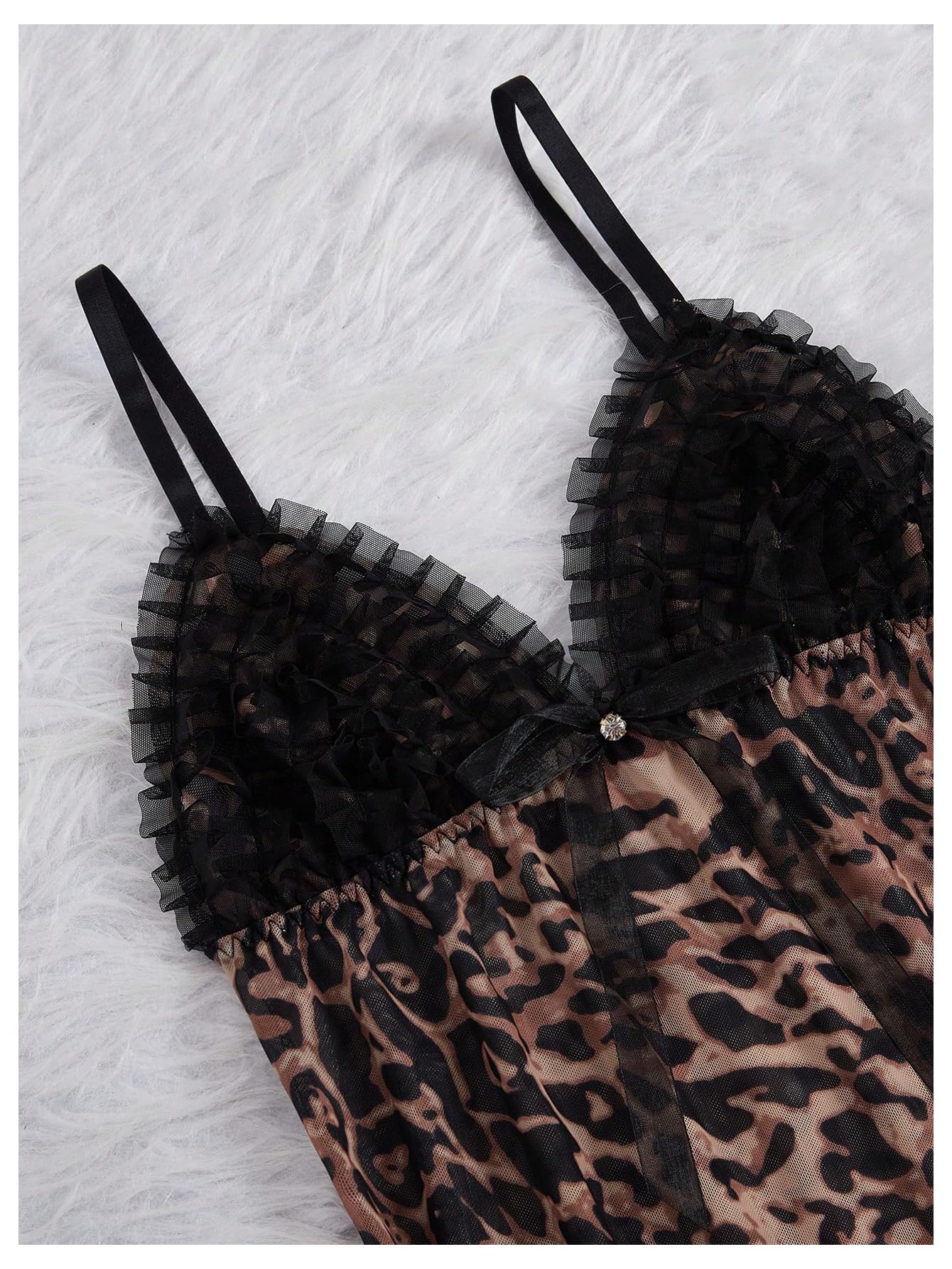 BEAUDRM Women's 2 Piece Sexy Mesh Sheer Pajama Set Leopard Print Ruffle Trim Cami Top and Pants Sleepwear Cheetah Print Pjs: Medium Brown