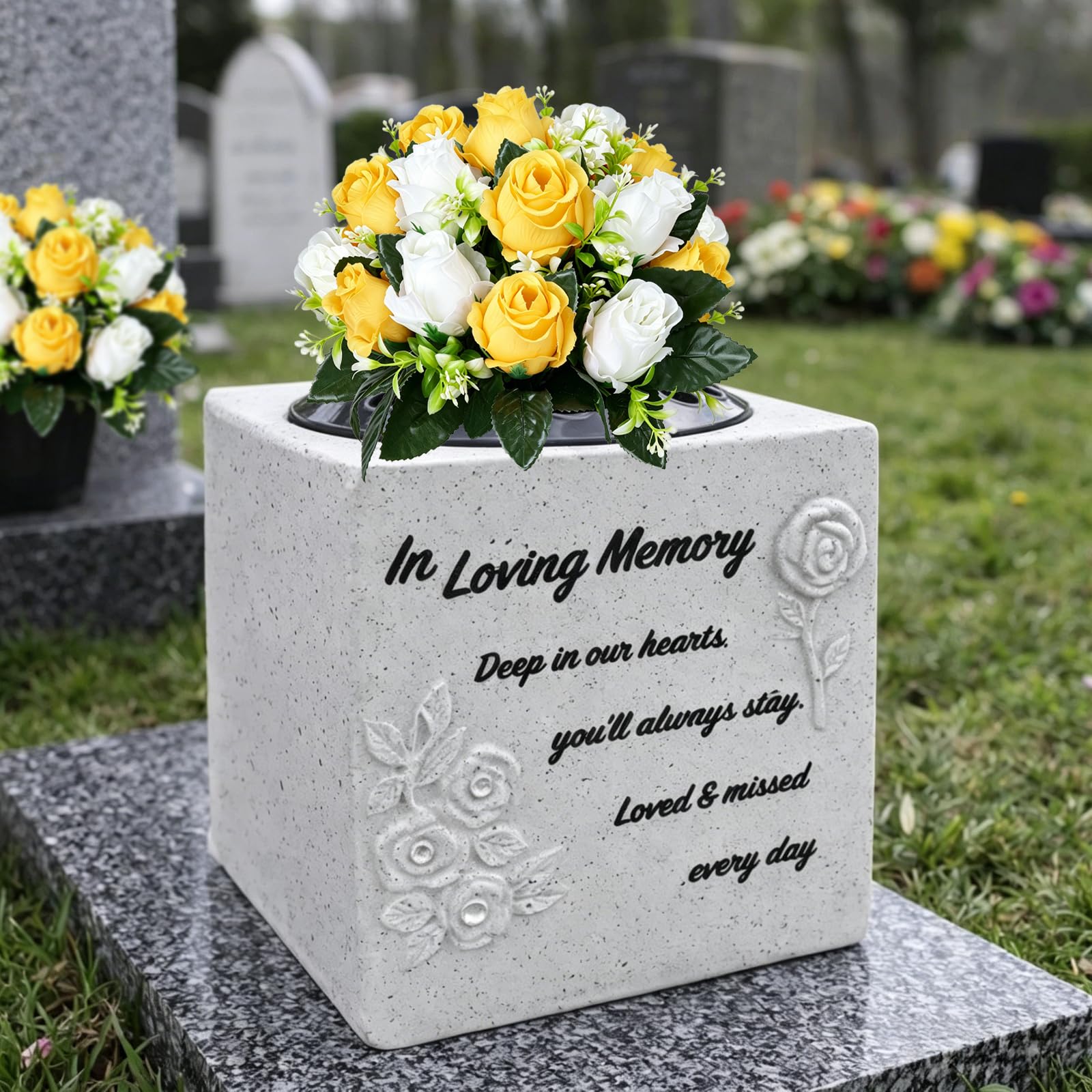 2 fiori artificiali per tombe, 18 rose gialle bianche e gialle, vasi da fiori finti per cimitero, ornamenti per cimitero in seta, decorazioni per esterni, funerali, commemorazioni funebri per