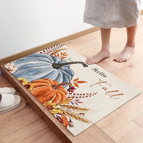 Miniatura 176 de Alfombras y tapetes de cocina Hello Fall, 2 unidades, color azul, naranja, calabaza, hoja de arce, pájaros, alfombras antideslizantes con pasillo