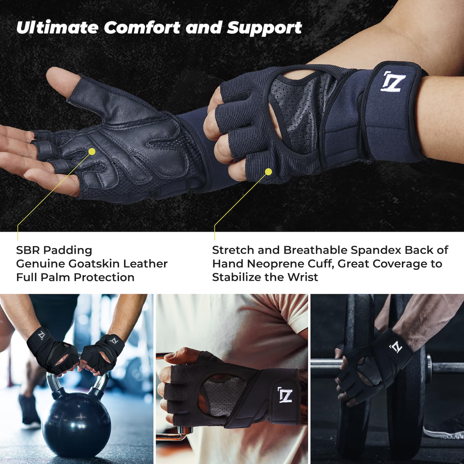 OOZi Guantes de entrenamiento sin dedos para hombres y mujeres con soporte para levantamiento de pesas, gimnasio, entrenamiento, ejercicio, entrenamiento físico, puños de cuero genuino duraderos (XL)