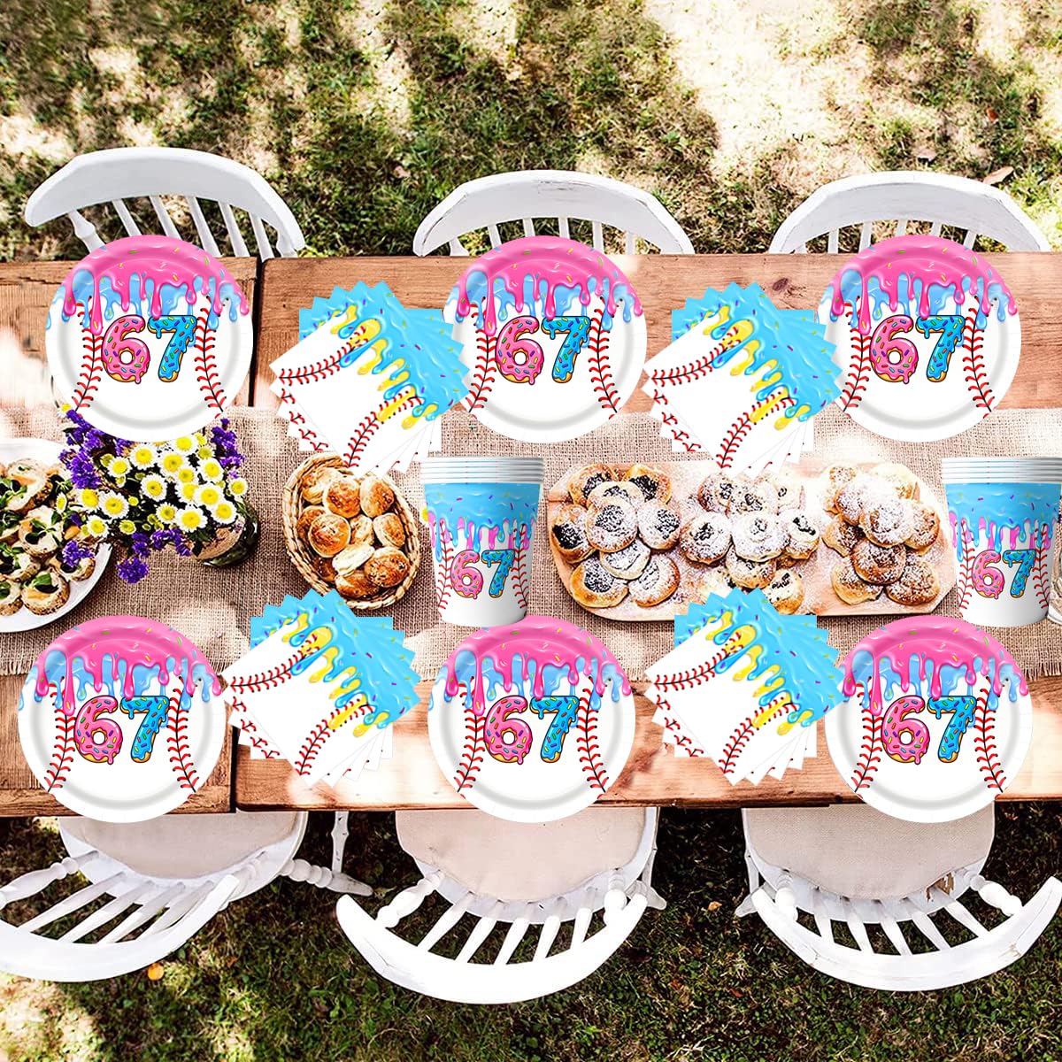 Stoviglie per feste a gelato, 61 pezzi Baseball Stoviglie per compleanni per bambini, Tema Meme virali Set di piatti di carta per feste, Compresi bicchieri, tovaglioli e tovaglie