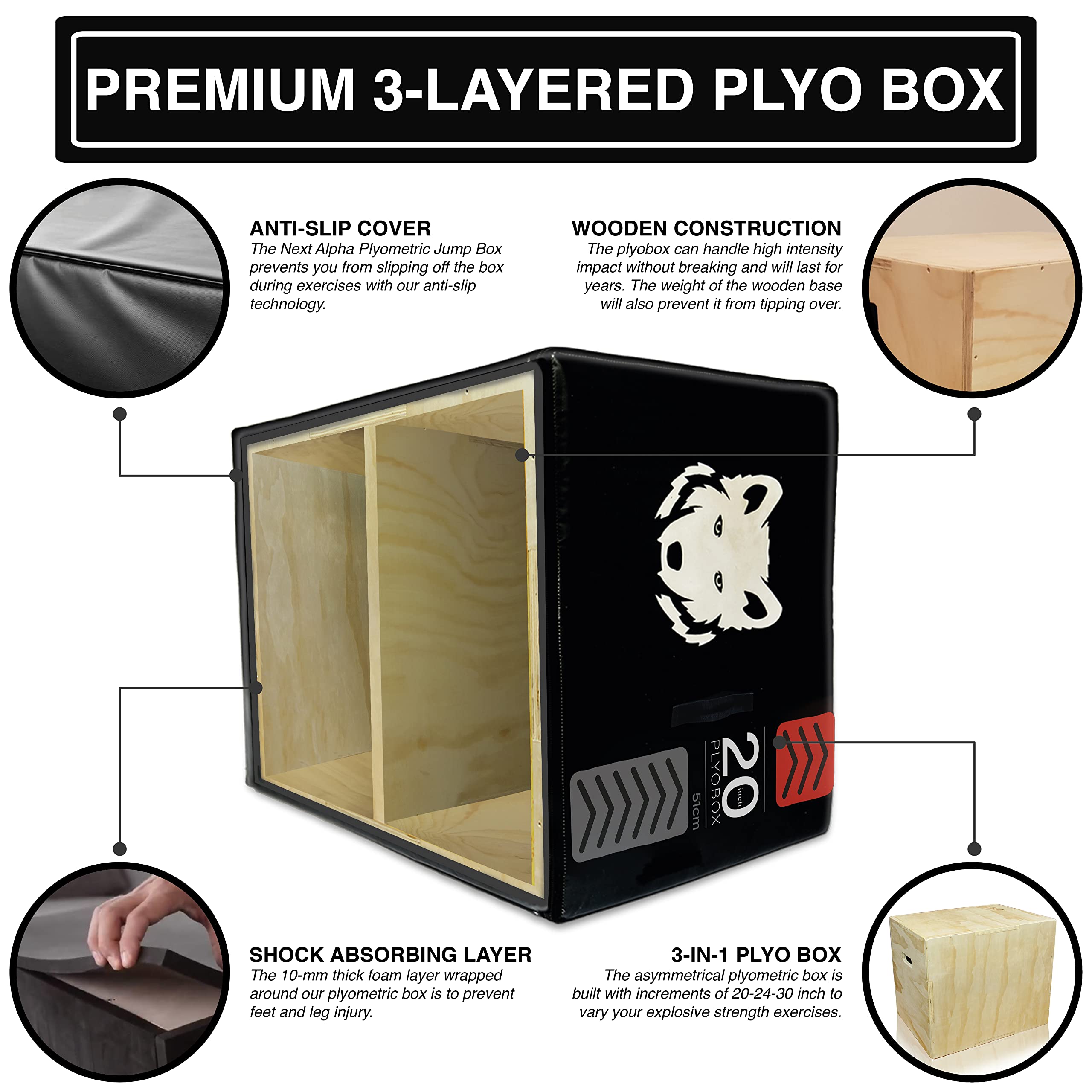 Plyo Box - para Ejercicios de Salto, Step-up y Fitness – 20-24-30 Pulgadas con Capa Antideslizante y amortiguadora