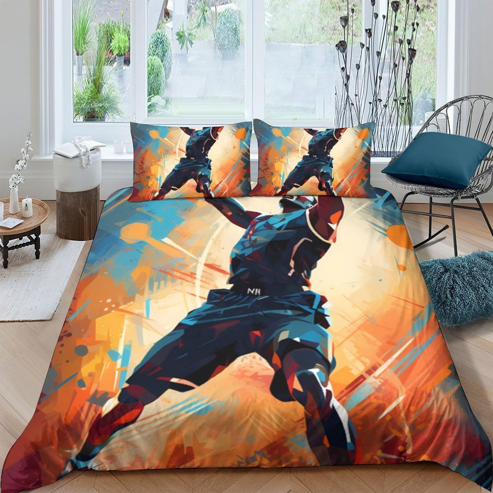 GPLZQXKJNH 3D Printed Basketball Player Duvet Cover Microfiber Soft Breathable Graffiti Bedding Set with 2 Pillowcases for Bedroom Decor, Single（135x200cm）