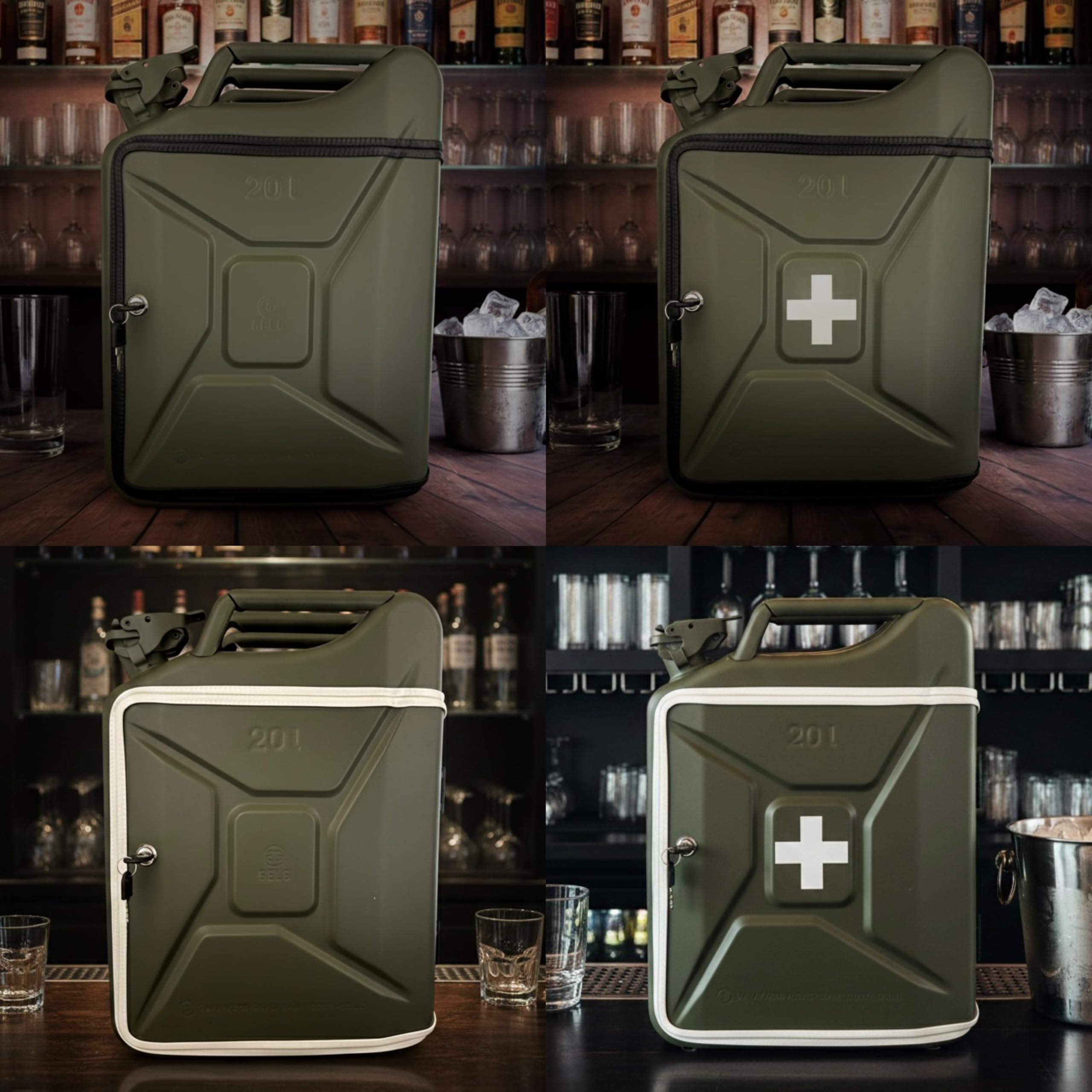 20L Kanister Mini Bar Premium I Maximal personalisierbar mit Gravur & LED Beleuchtung I 3 Gläser I Jerrycan I Mobile Kanister Bar Geschenk für Männer I Abschließbare Minibar I Bier Geschenk
