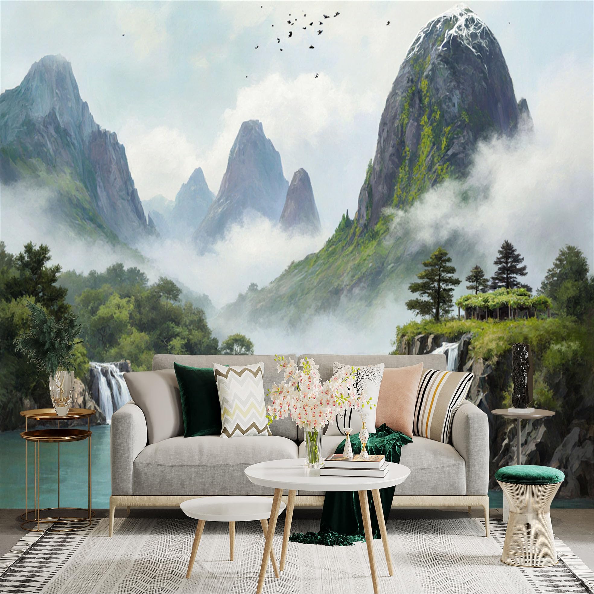 Custom Size Wall Sticker Mural， Misty Mountains with Waterfalls and River Landscape， for wall Decoration， peelandstick wall Decals.