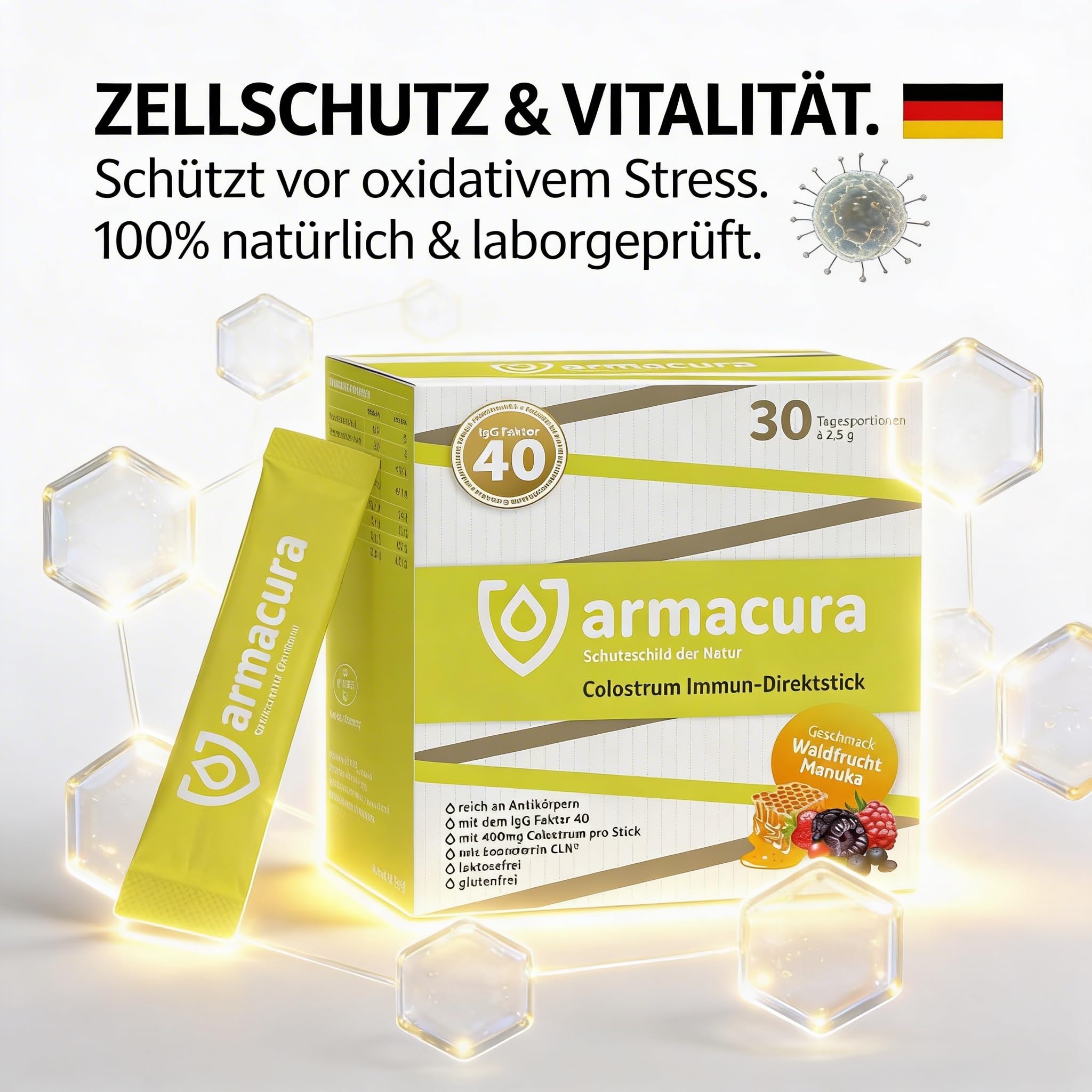 Immun Direktsticks – Mit Vitamin C, Vitamin D & Zink zur Unterstützung der normalen Funktion des Immunsystems¹ – 30 Colostrum-Pulver-Sticks mit Lactoferrin & Manukahonig – Ideal für unterwegs