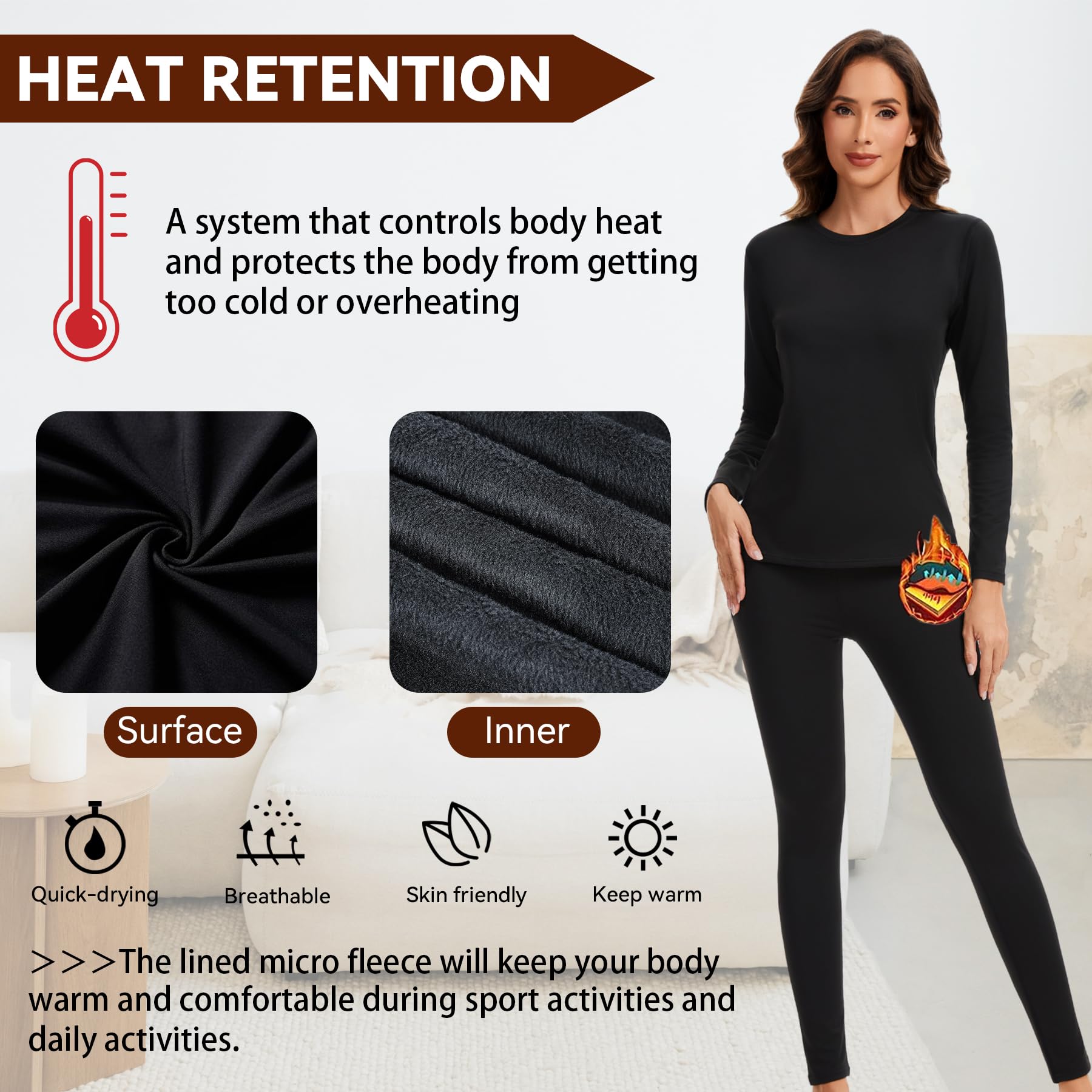 AMZSPORT Set de sous-vêtements Thermiques pour Femme - Combinaison Hiver Respirante avec Doublure Polaire, Haut Manches Longues & Leggings Doux pour Ski et Activités Extérieures