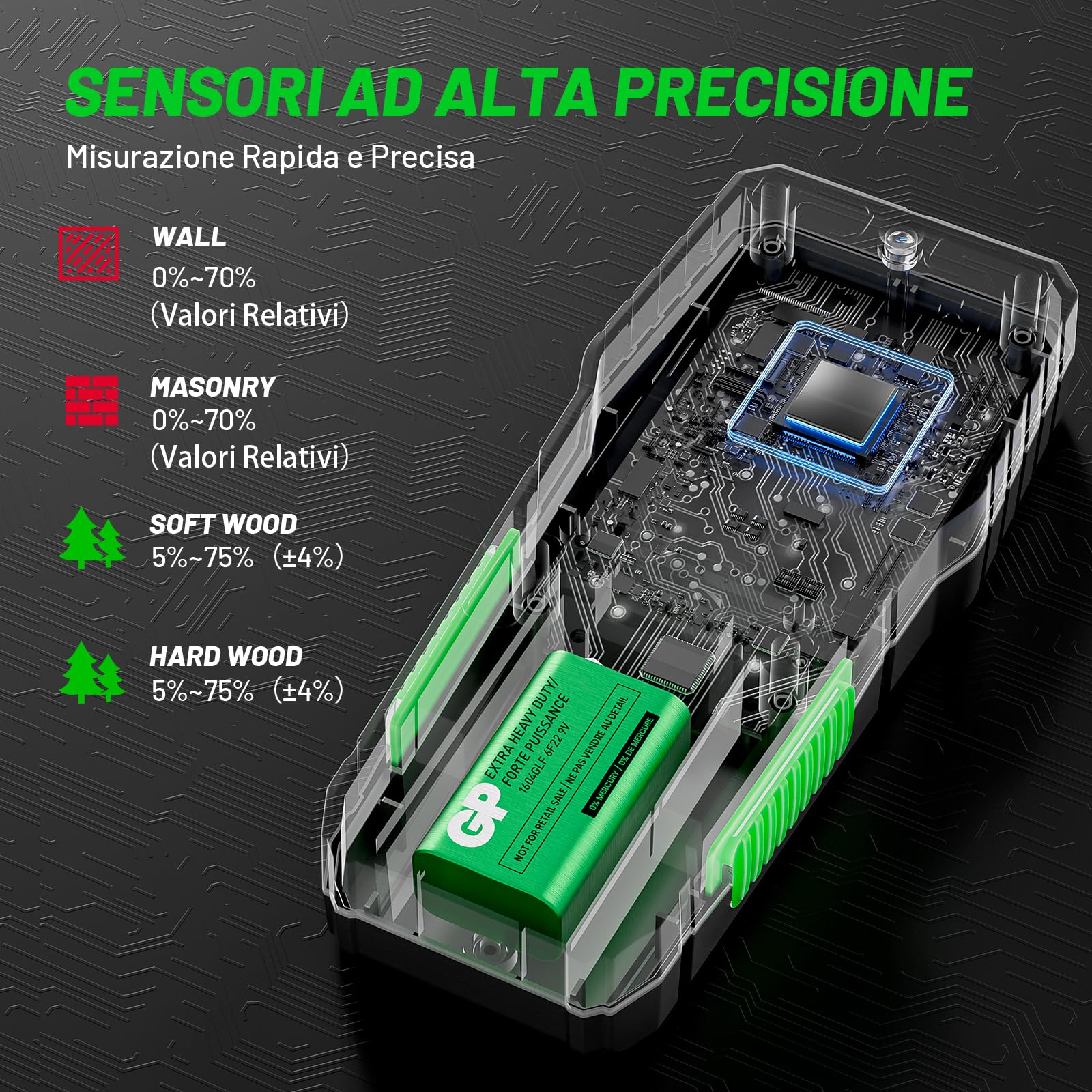 Misuratore e Rilevatore Umidità per Muri, Legno e Materiali da Costruzione, non Distruttivo con Display LCD e Allarme Sonoro