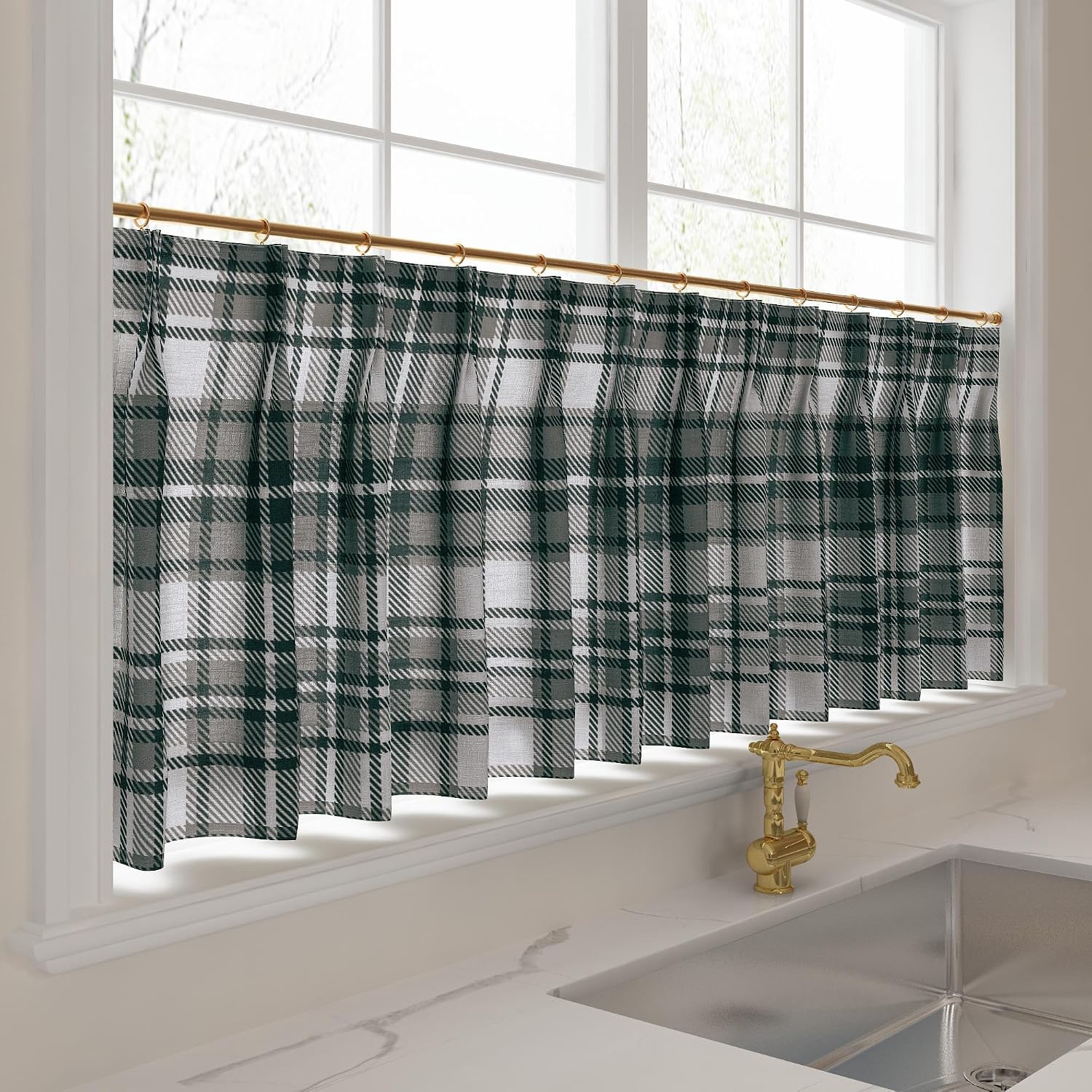 TWOPAGES Pinch Pleat Cafe Curtains 24 Inch Long Plaid Half Window Curtains for Bathroom (Mist, 26W x 24L Inches, Set of 2)