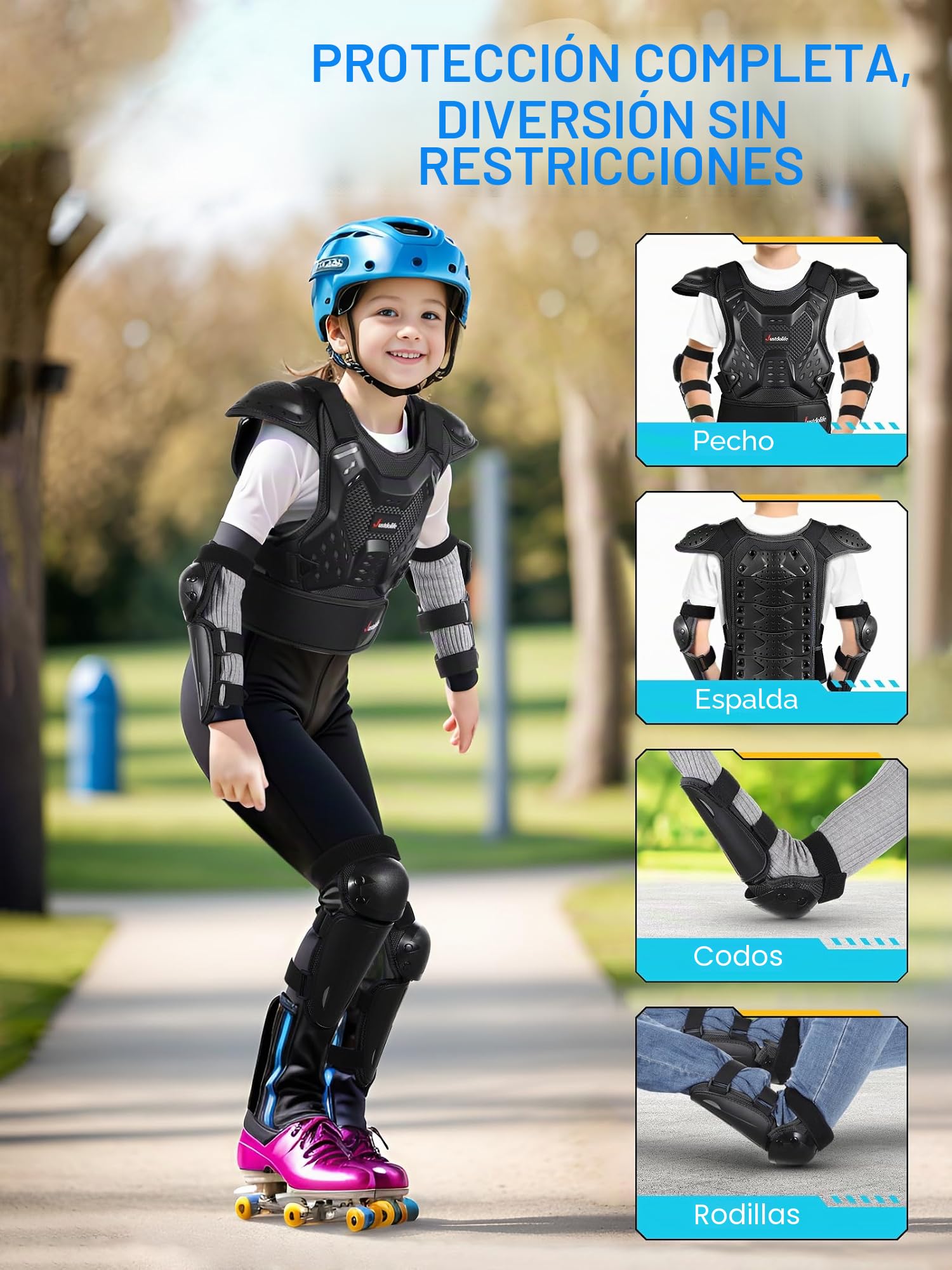 Motos Ropa Protectora Niños, JUSTDOLIFE 5 PCS Chaqueta Protectora de Moto para Niños de Pecho con Coderas y Rodilleras para Ciclismo Skateboarding Go-Karting