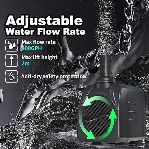 Miniatura 4 de Bomba de agua de fuente de 400 GPH con temporizador mecánico para interiores, ultra silenciosa, elevación de 8.2 pies de alto para fuentes,