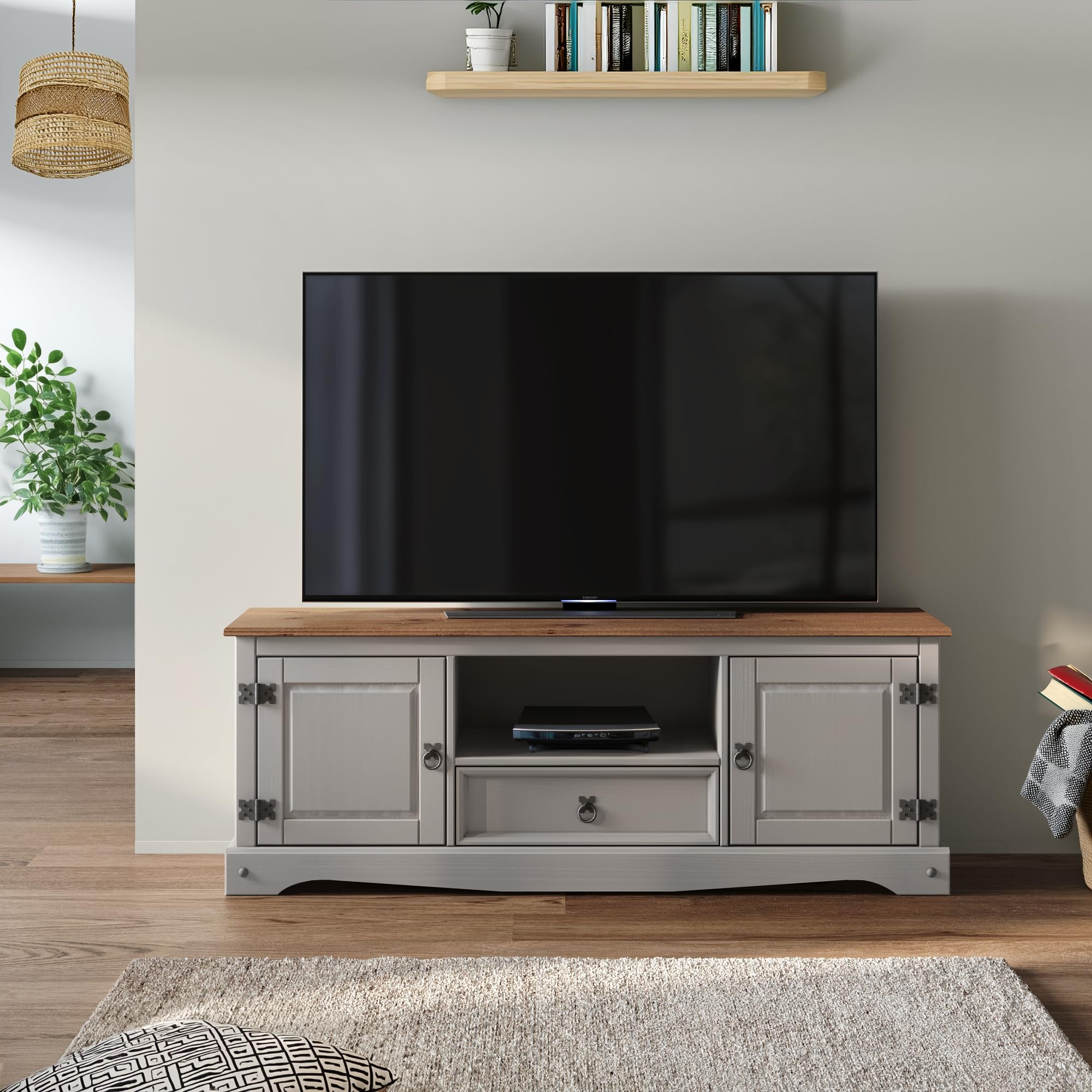 Corona TV Unit Grey Painted Wax 1 Drawer 2 Door Widescreen TV Unit Solid Wood Pine Wooden Long Television Entertainment Stand Console Storage Living Room Lounge Mexican 52cm High 140cm Wide 35cm Deep