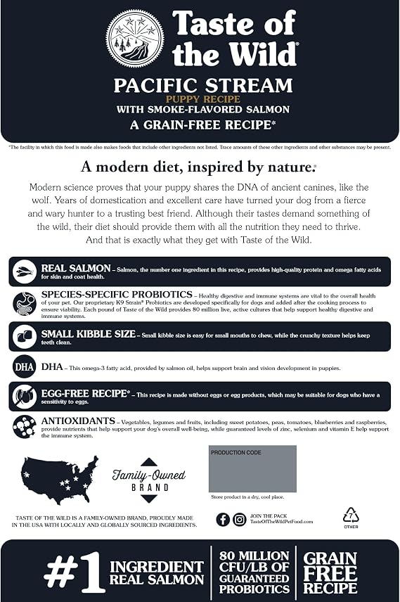 Taste of the Wild Pacific Stream Grain-Free Dry Puppy Food with Smoke-Flavored Salmon 28lb