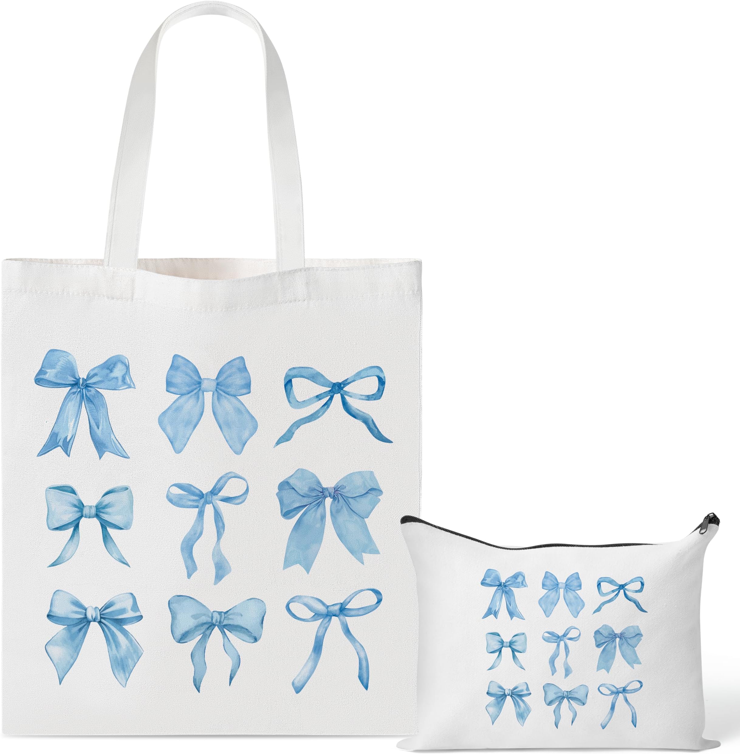 Y1tvei Blue Bows Canvas Bags - 2Pcs Cute Blue Coquette Aesthetic Tote Bag with Inner Pocket, Reusable Grocery Folding Shopping Bag, Bow Knot Zipper Makeup Pouch Gifts for Women Girls Daughter Mother