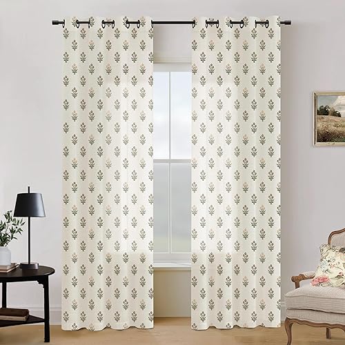 Brown Farmhouse Curtains for Living Room 84 Inches Long,Linen Sheer Green Floral Dining Room Curtains 84 Inch Length 2 Panels Set