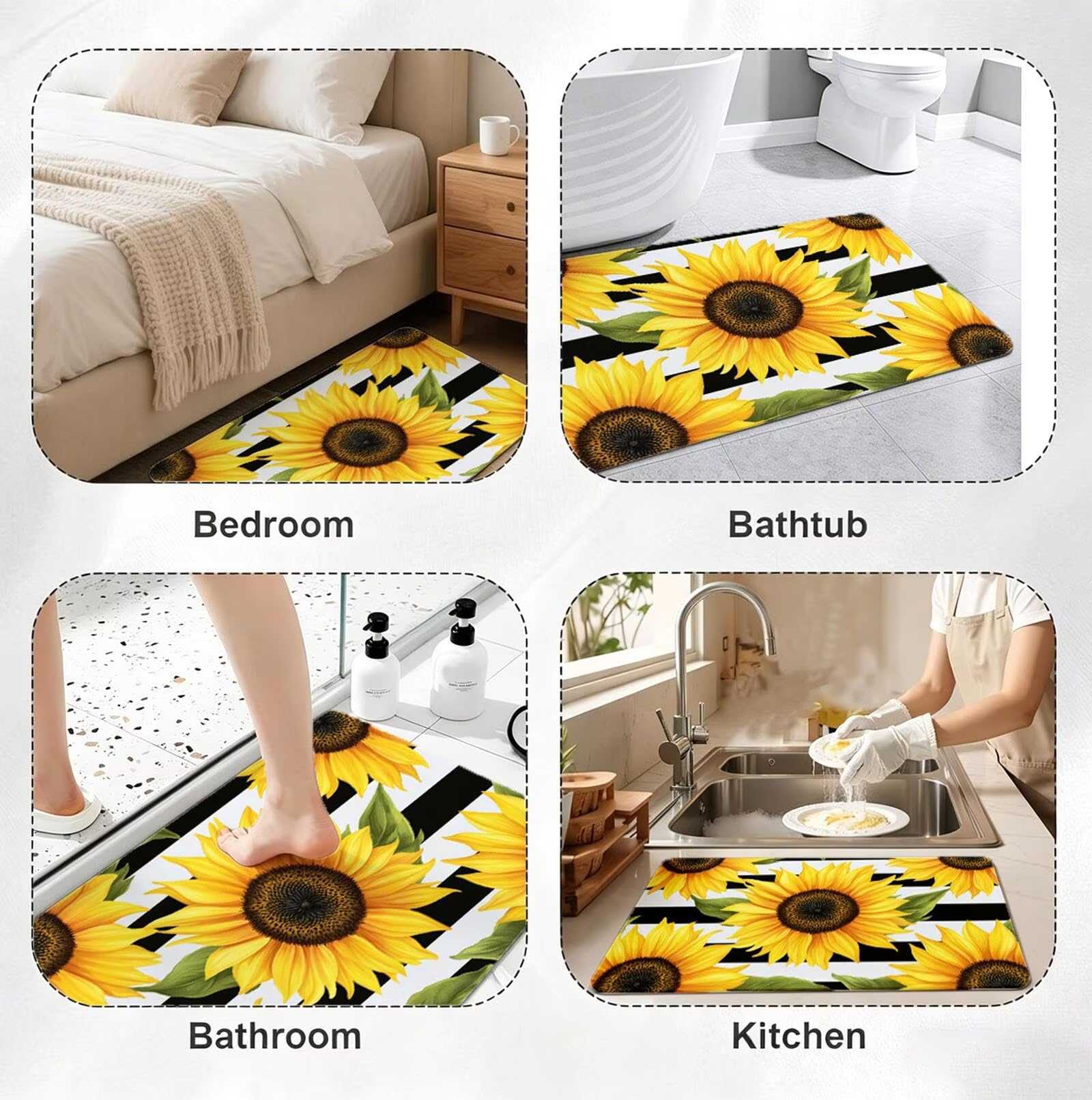 Alfombra de Baño 70 x 120 cm, Alfombra Baño Secado Rapido con Diatomita, Antideslizante Bañera Alfombras Amarillo, Super Absorbente Alfombrilla Ducha Antideslizante para Casa y Cocina, Girasol O-2259